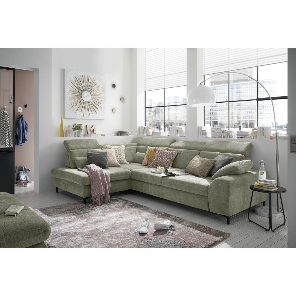 Thumbnail - SetOne by Musterring Ecksofa, Grün, Textil, 3-Sitzer, Ottomane links, L-Form, 314x220 cm, Bettkasten erhältlich, Fußausw...