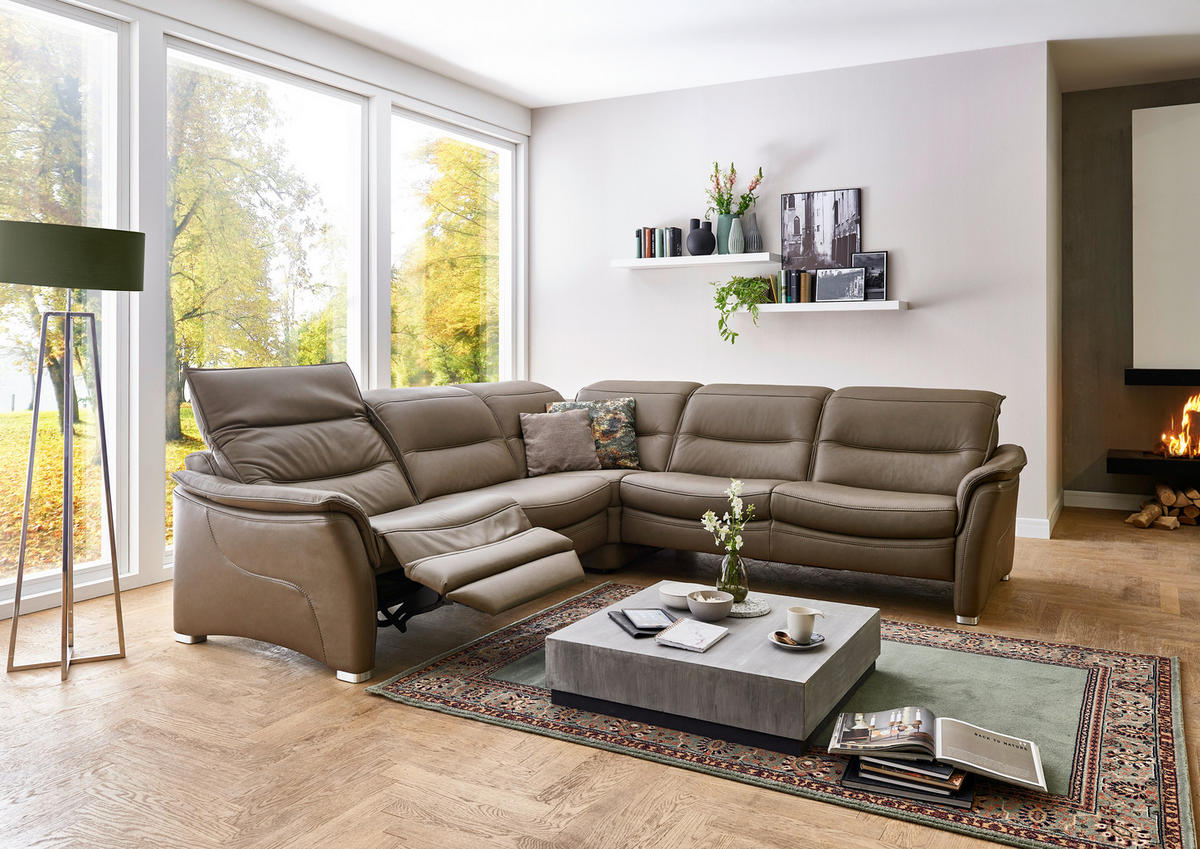 ECKSOFA inkl. Funktionen Valdera Dunkelbraun Echtleder  - Dunkelbraun/Alufarben, Design, Leder/Metall (277/277cm) - Valdera