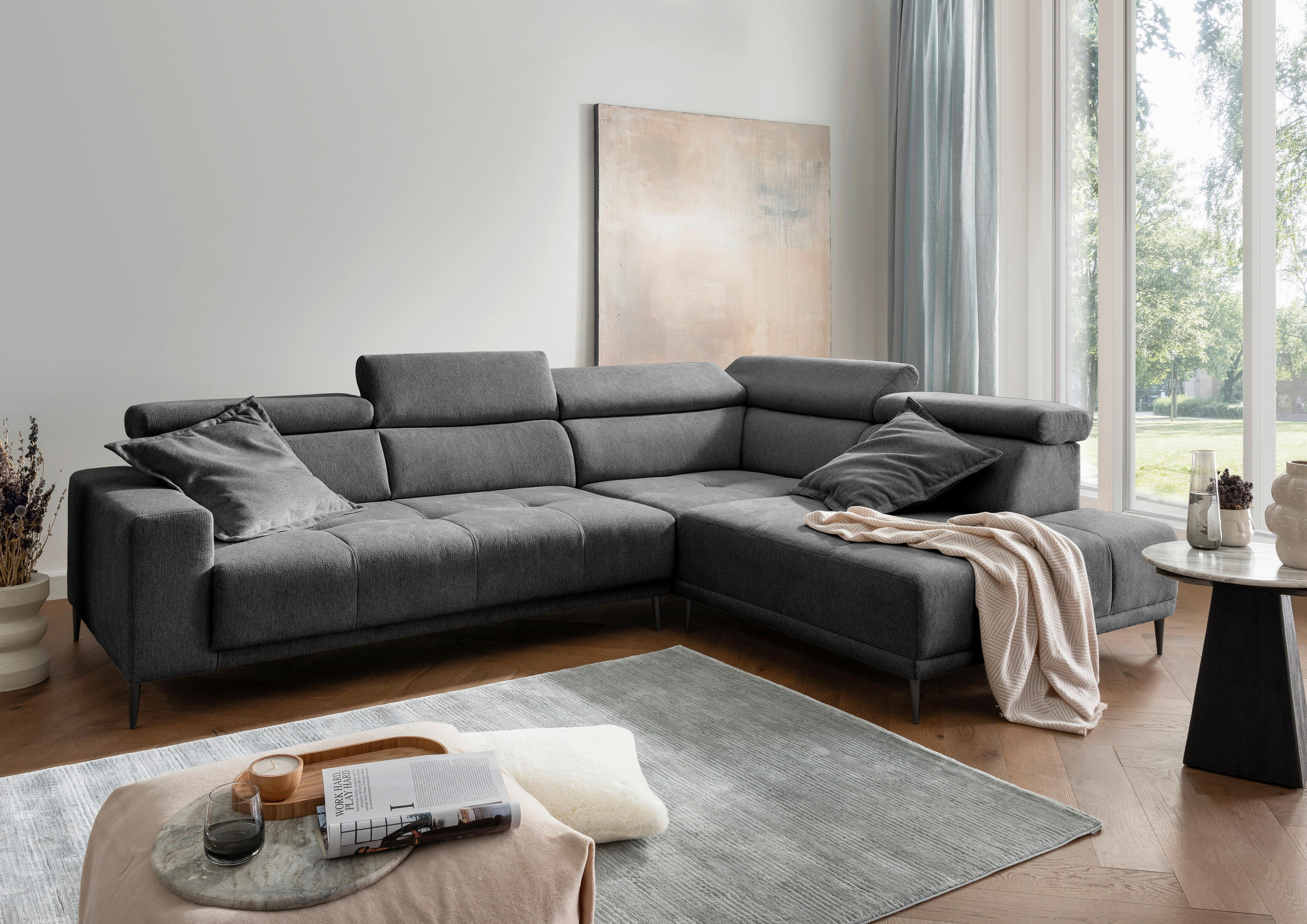 ECKSOFA INTERA Anthrazit Chenille Kopfteilverstellung, Sitzvorzug  - Anthrazit/Schwarz, KONVENTIONELL, Textil/Metall (305/225cm) - Livetastic