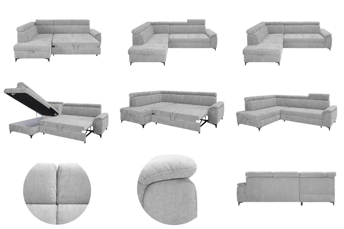 ECKSOFA Silberfarben Chenille Bettkasten, Schlaffunktion, Rücken echt, Kopfteilverstellung, Liegefläche im Originalstoff  - Silberfarben/Schwarz, KONVENTIONELL, Textil/Metall (206/265cm) - Carryhome