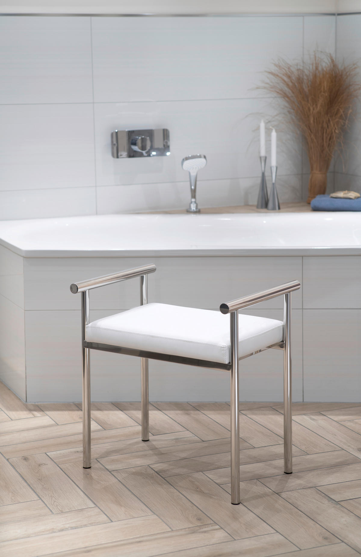 BADHOCKER - Edelstahlfarben/Weiß, Basics, Leder/Metall (57/59/40cm)