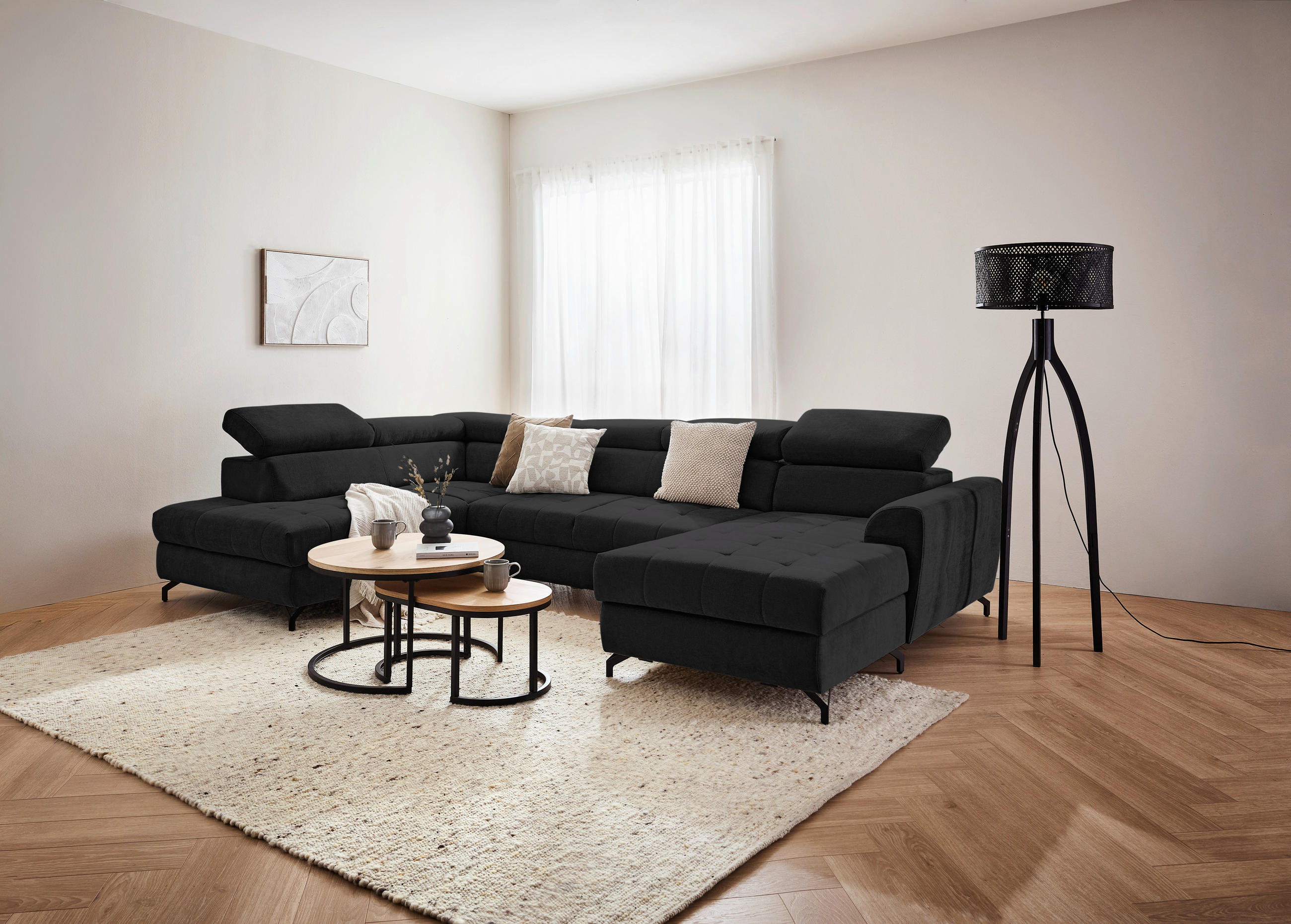 Thumbnail - Stylife Wohnlandschaft, Schwarz, Textil, 6-Sitzer, U-Form, 327x203 cm, Bettkasten erhältlich, Bettfunktion Hocker Rücken...