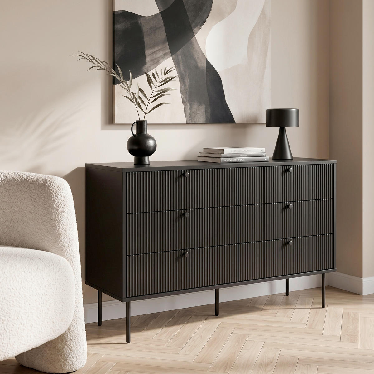 KOMMODE , 120/40/75 cm, 6 Schublade(n)  - Schwarz, MODERN, Holzwerkstoff/Metall (120/40/75cm) - MID.YOU