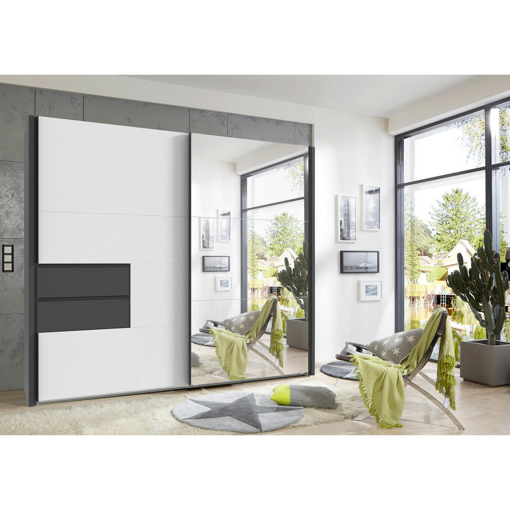 Thumbnail - Mid.you Schwebetürenschrank, Graphit, Weiß, Metall, 5 Fächer, 2 Schubladen, 250x216x65 cm, BQ - Bündnis für Qualität, Ma...
