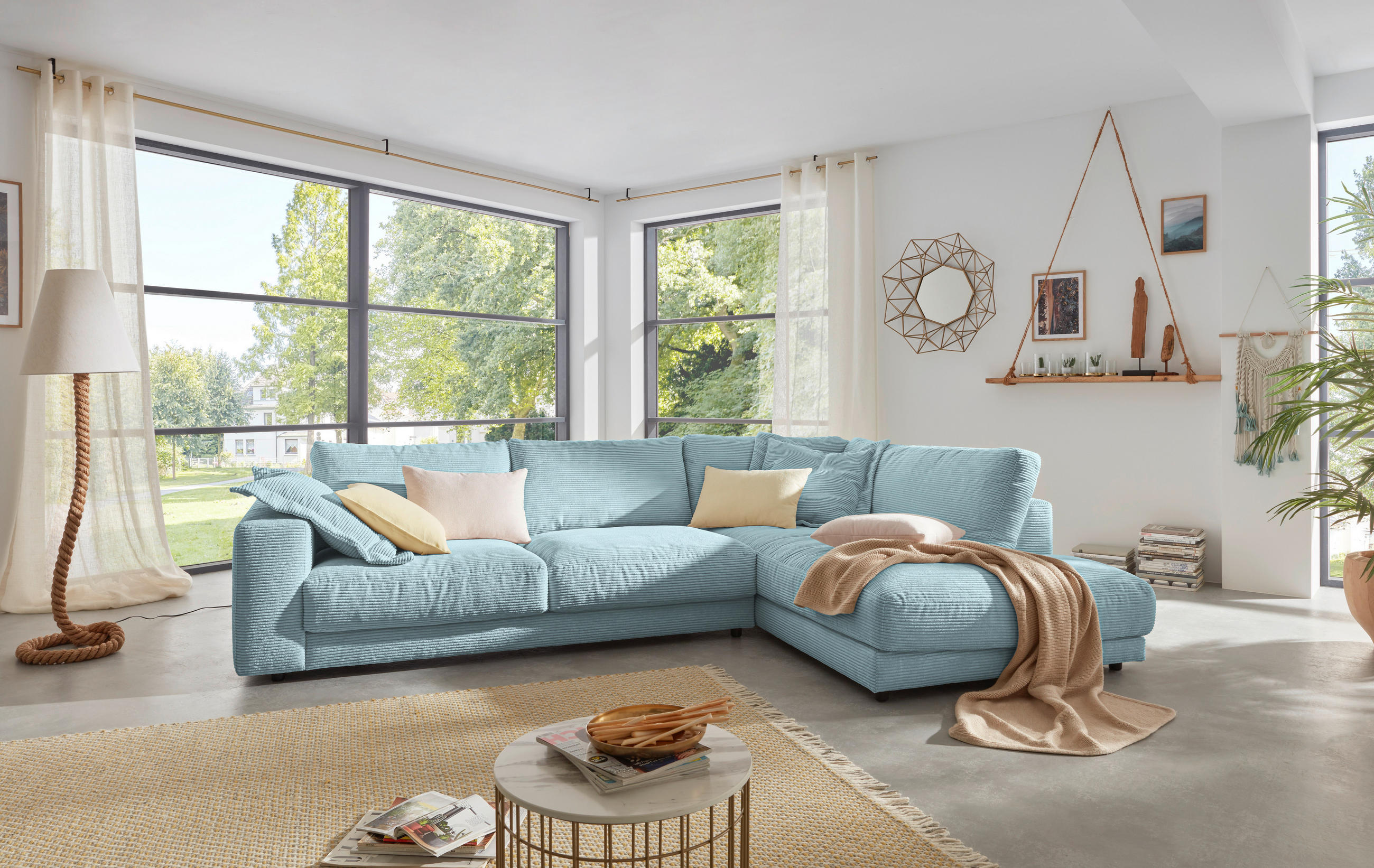 ECKSOFA in Cord Hellblau  - Schwarz/Hellblau, Design, Kunststoff/Textil (325/224cm) - Hom`in