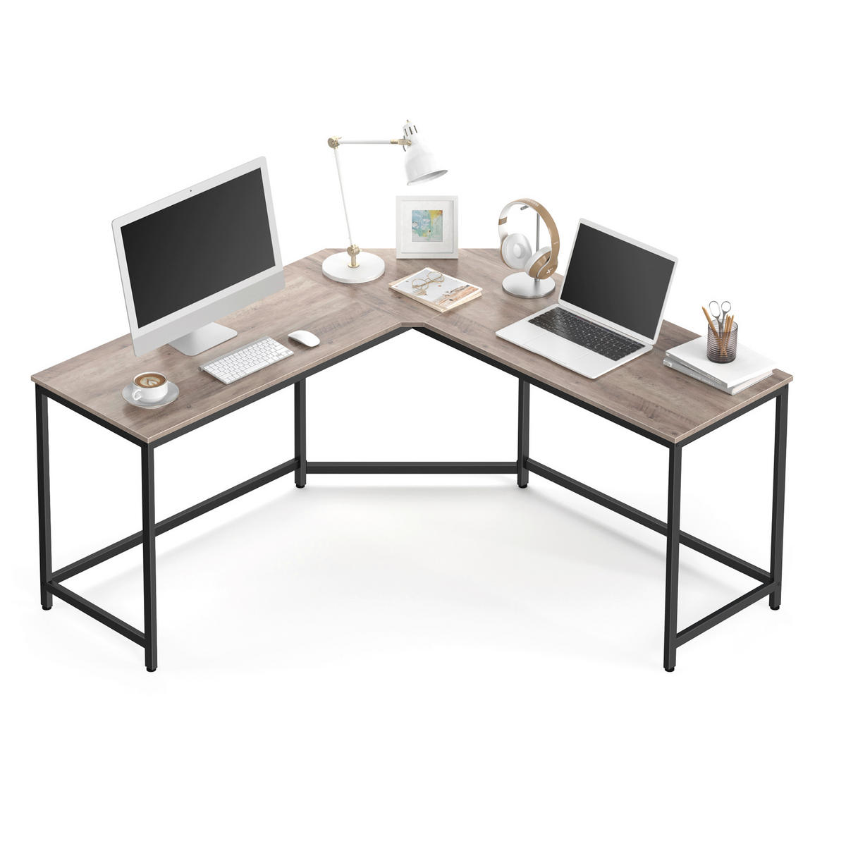 ECKSCHREIBTISCH 149/149/75 cm Schwarz, Eiche grau Kabeldurchlass  - Eiche grau/Schwarz, Basics, Holzwerkstoff/Metall (149/149/75cm) - Boxxx