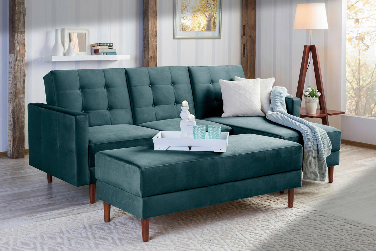 ECKSCHLAFSOFA inkl. Hocker in Blau Textil   - Blau/Eschefarben, Design, Holz/Textil (223/152cm) - Max Winzer