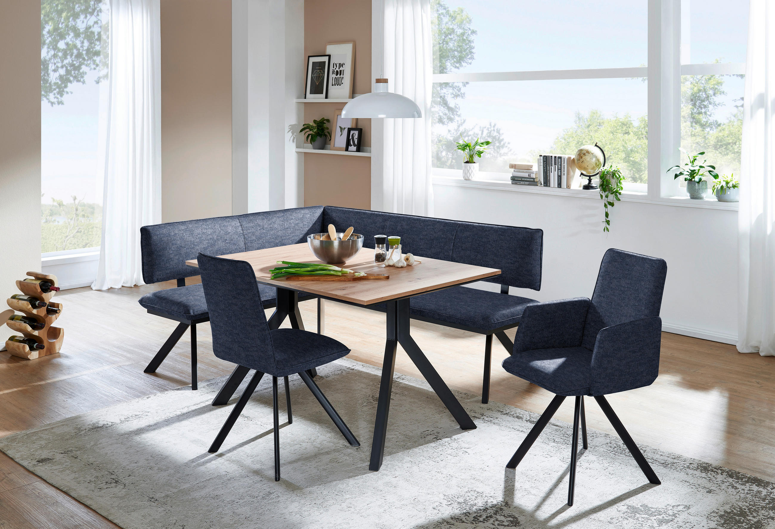 ECKBANK in Metall, Textil Schwarz, Dunkelblau  - Schwarz/Dunkelblau, Modern, Textil/Metall (150/190cm) - Cantus