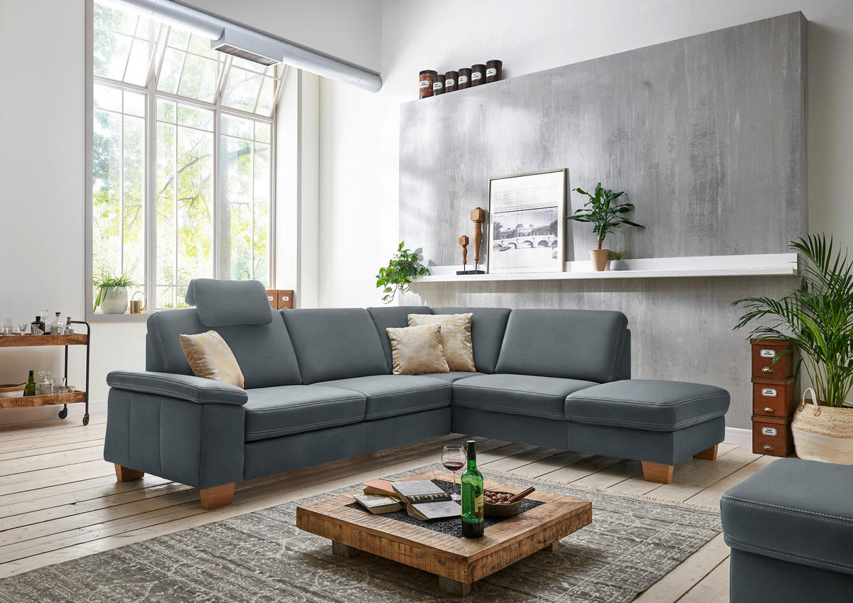 ECKSOFA Echtleder Blaugrau  - Eichefarben/Beige, Konventionell, Leder/Holzwerkstoff (274/235cm) - Beldomo Premium