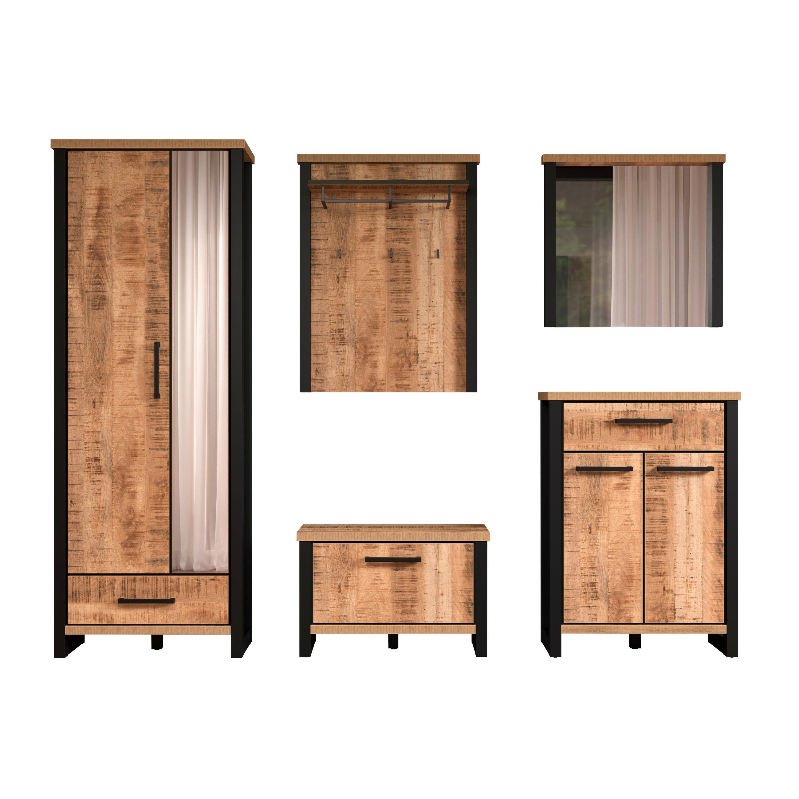 GARDEROBE 5-teilig  in 249/195/39 cm  - Schwarz/Naturfarben, Basics, Glas/Holzwerkstoff (249/195/39cm) - MID.YOU