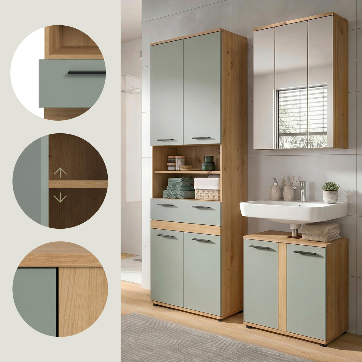 BADEZIMMER 3-teilig  in 145 cm  - Salbeigrün/Schwarz, Trend, Glas/Holzwerkstoff (145cm) - MID.YOU