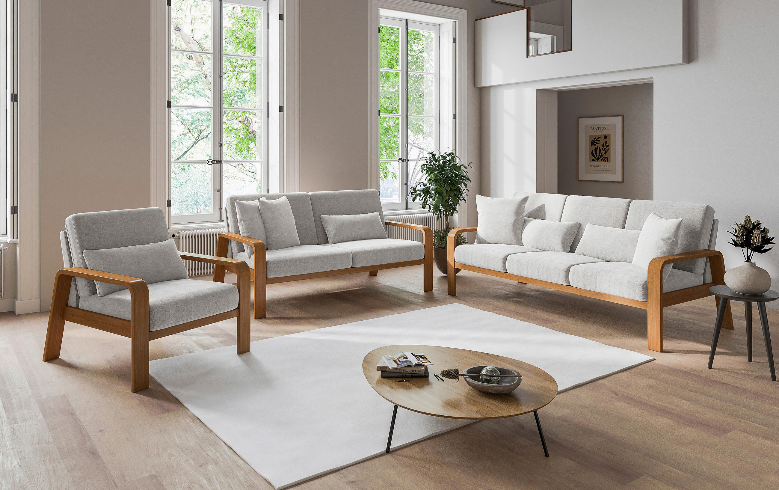 2,5-SITZER in Mikrofaser Hellgrau  - Eichefarben/Hellgrau, Konventionell, Holz/Textil (170/91/93cm) - Livetastic