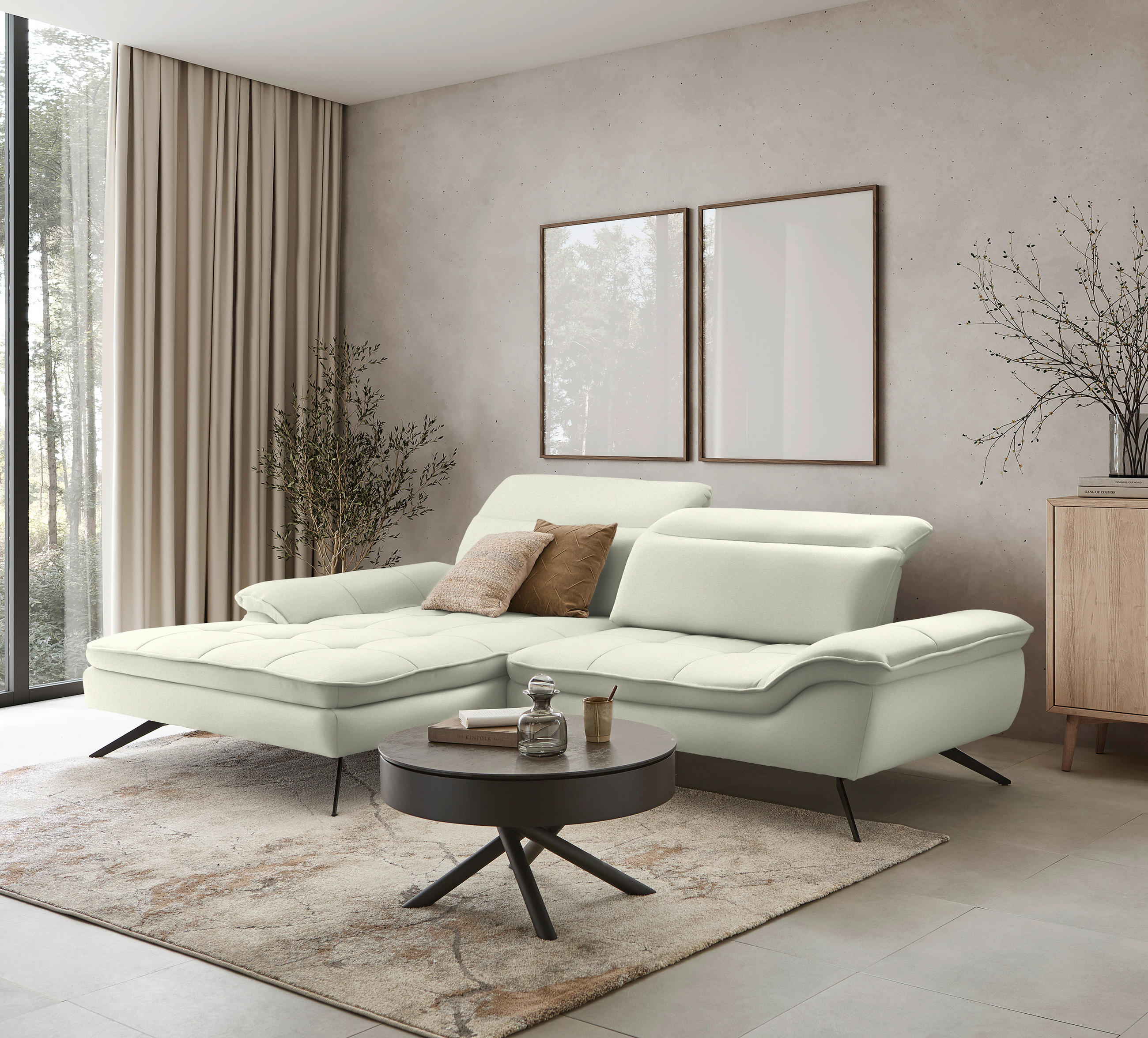 ECKSOFA in Chenille Creme  - Creme/Schwarz, Design, Textil/Metall (179-202/288cm) - Stylife