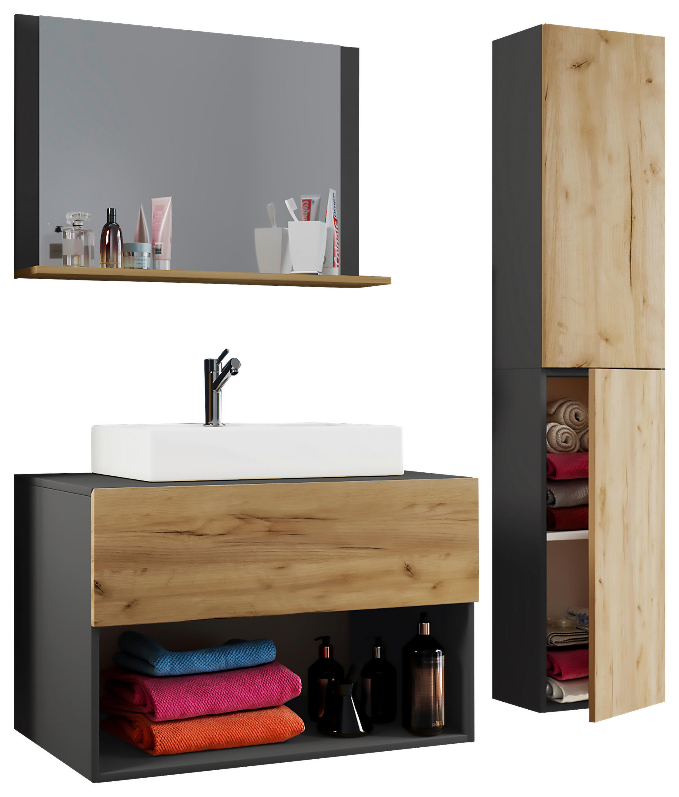 BADEZIMMER 4-teilig  in 113/64,2/51,4 cm  - Honigeiche/Anthrazit, MODERN, Keramik/Holzwerkstoff (113/64,2/51,4cm) - MID.YOU