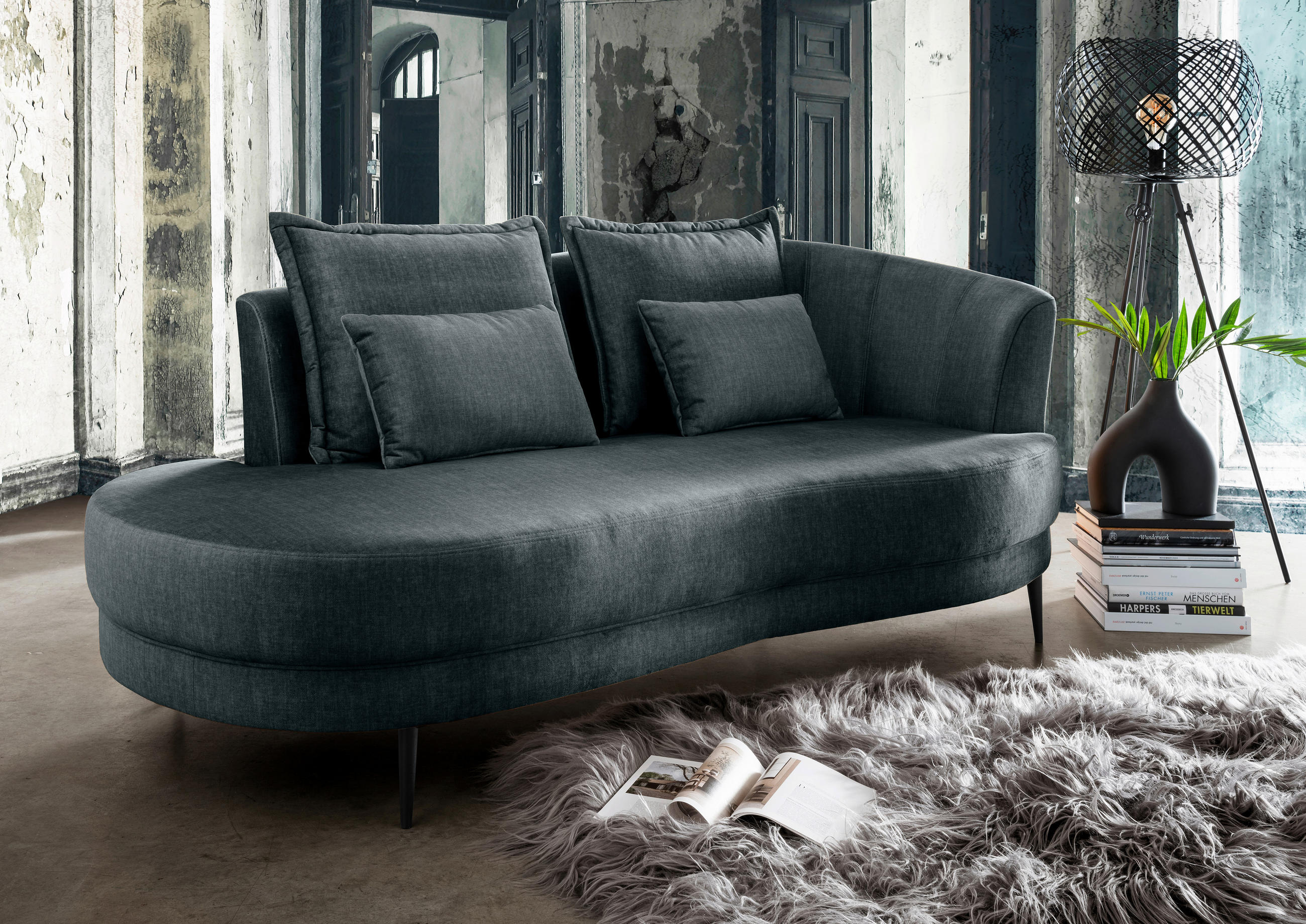 OTTOMANE in Velours Blau  - Blau/Schwarz, Modern, Textil/Metall (211/85/102cm) - Livetastic