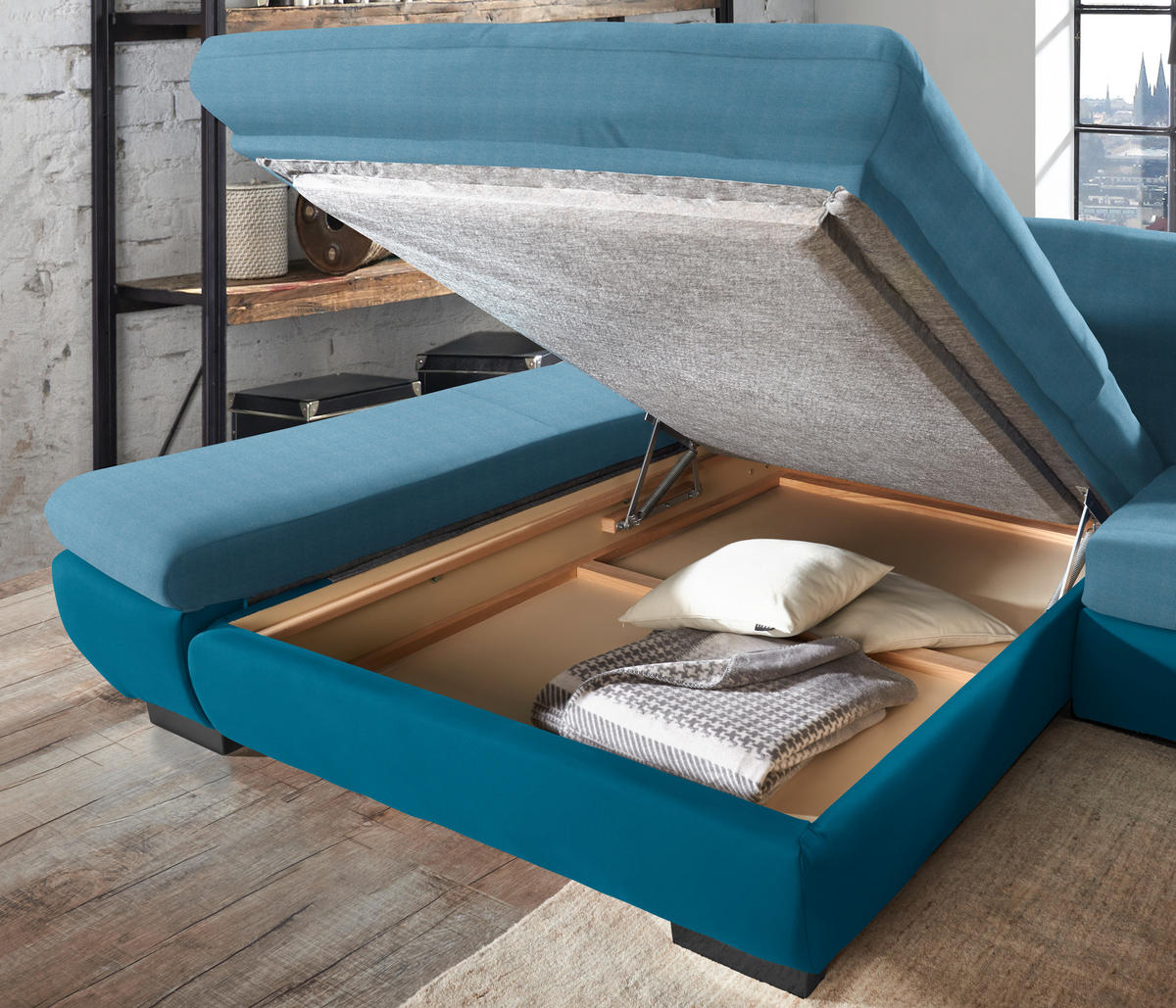 ECKSOFA in Mikrofaser Hellblau  - Schwarz/Hellblau, Design, Textil/Metall (341/204cm) - Xora