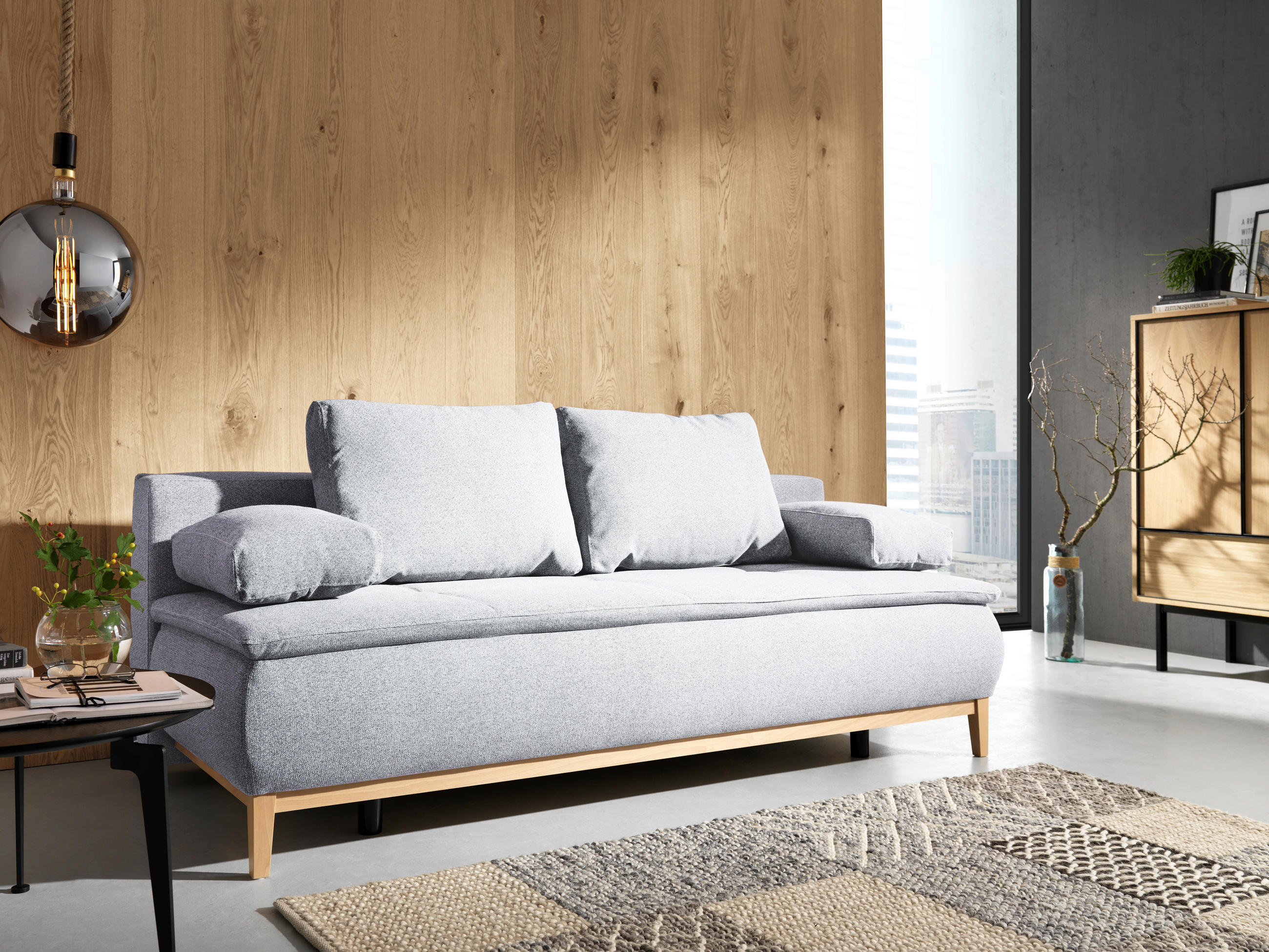 BOXSPRINGSOFA Flachgewebe Hellgrau  - Eichefarben/Beige, Design, Holz/Textil (202/78/93/100cm) - Carryhome