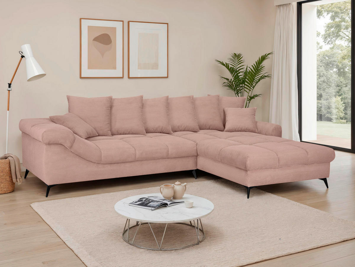 ECKSOFA Rosa Cord Rückenkissen, Armlehnenkissen, Rücken echt  - Schwarz/Rosa, KONVENTIONELL, Textil/Metall (332/231cm) - Carryhome