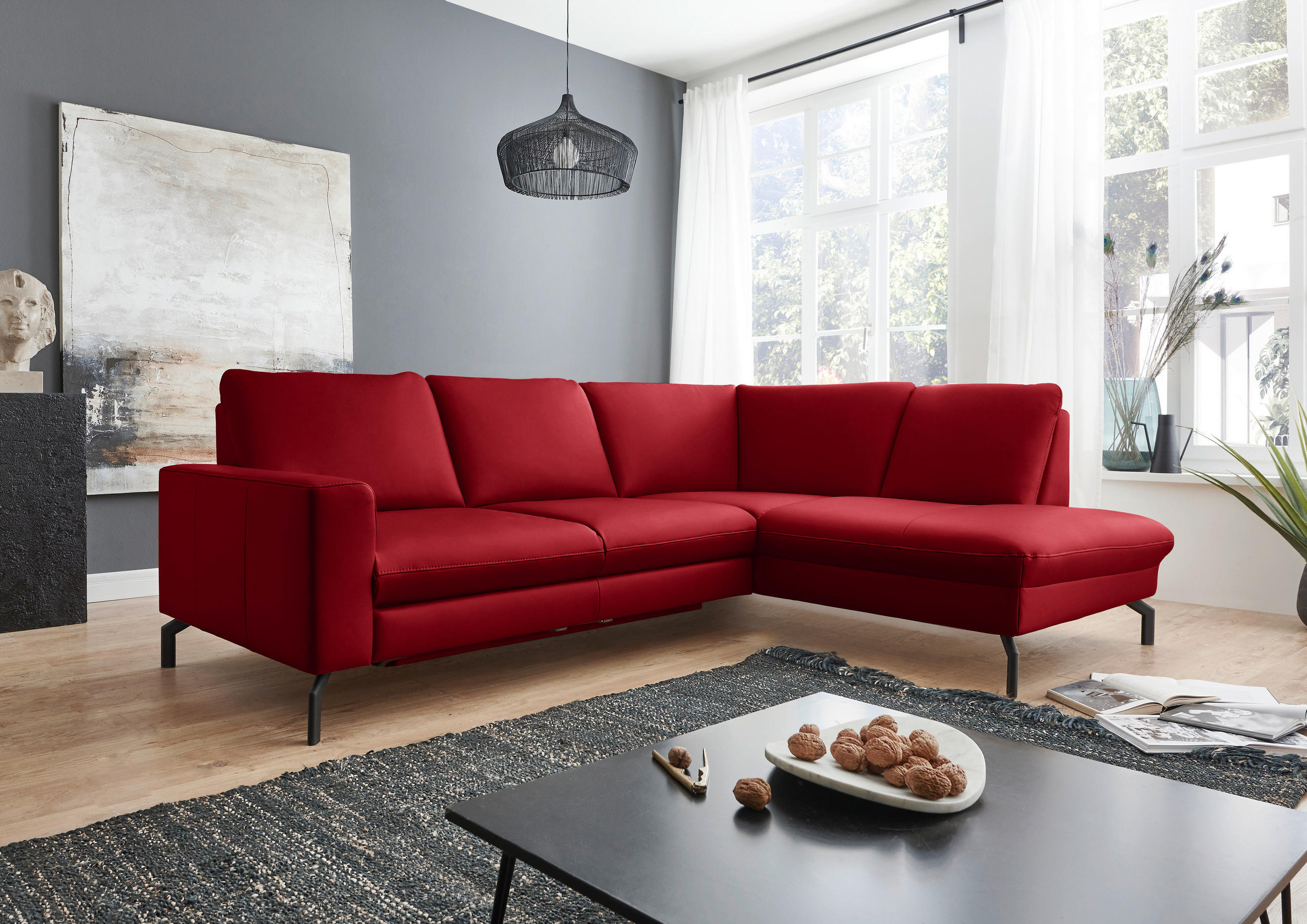 ECKSOFA in Echtleder Rot  - Rot/Schwarz, Design, Leder/Metall (250/194cm) - Beldomo Premium