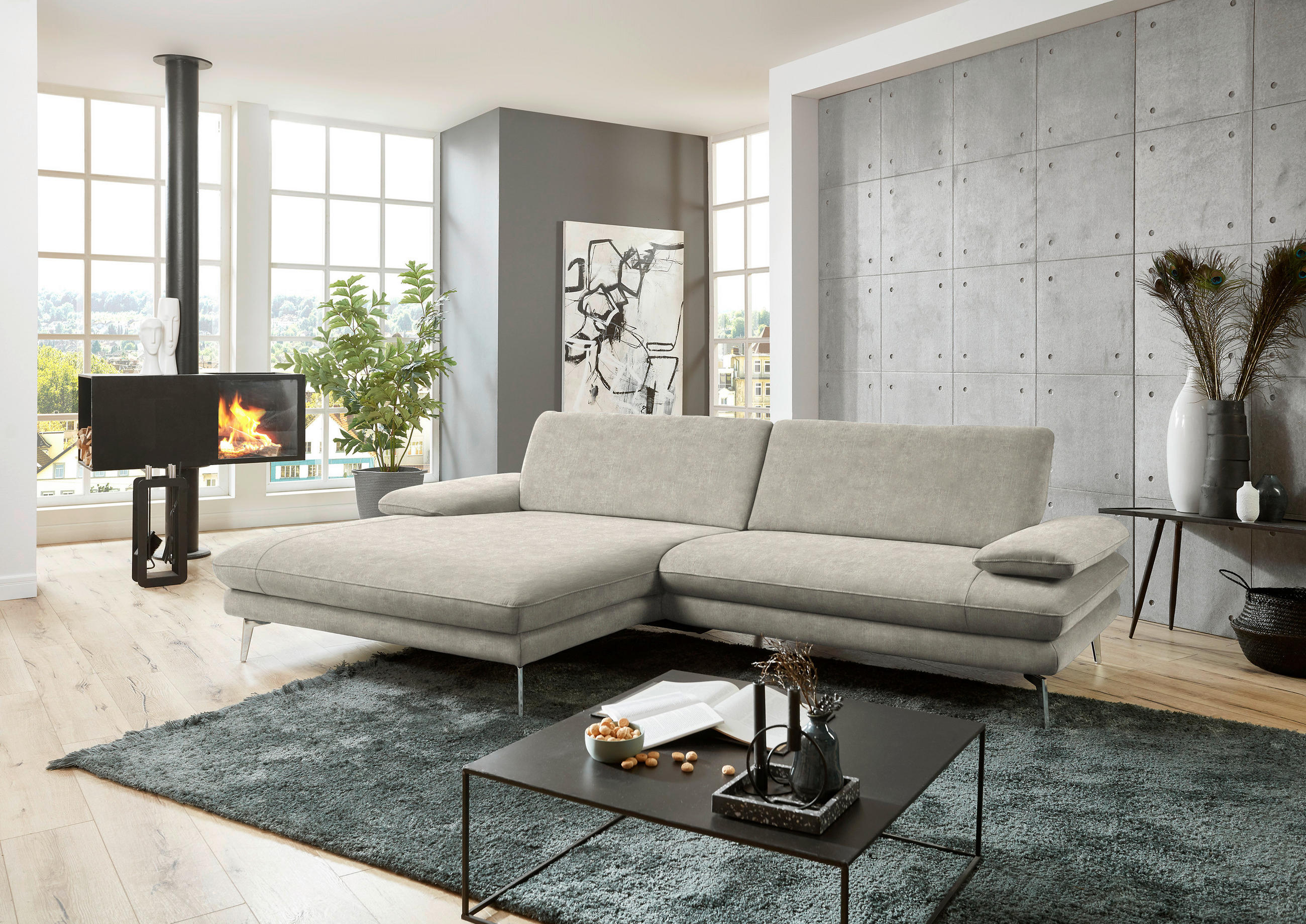 ECKSOFA in Velours Platinfarben  - Platinfarben/Schwarz, Design, Textil/Metall (184/284cm) - Dieter Knoll