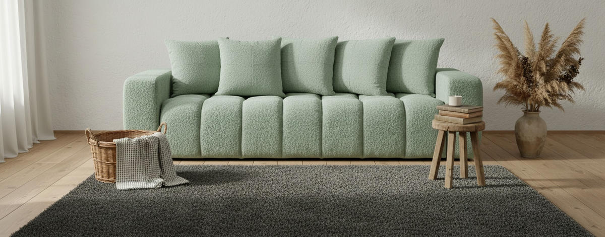 SCHLAFSOFA CLOUD  mit Liegefunktion, Schlafen auf Sitzhöhe Struktur, Bouclé Mintgrün  - Schwarz/Mintgrün, Basics, Kunststoff/Textil (250/86/140cm) - Livetastic