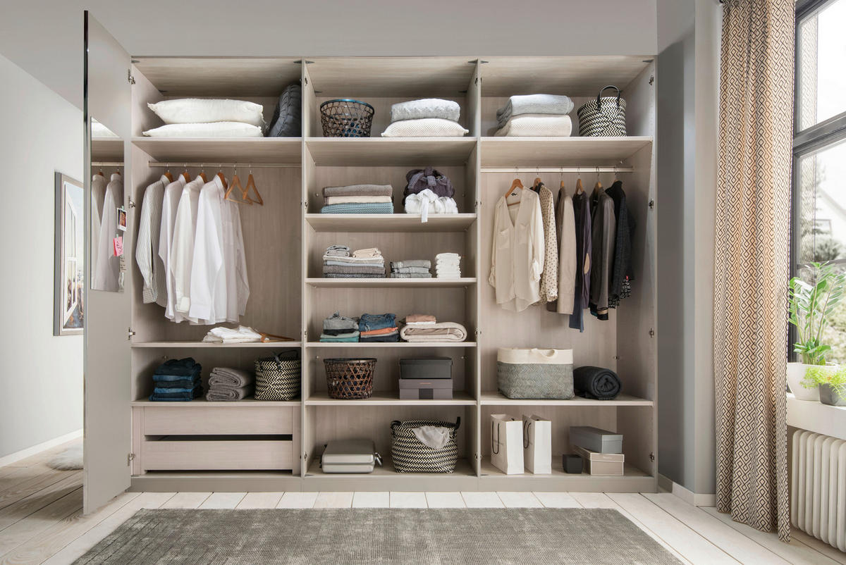 DREHTÜRENSCHRANK in Grau, Weiss  - Chromfarben/Weiss, Modern, Glas/Holzwerkstoff (300/216/58cm) - Novel
