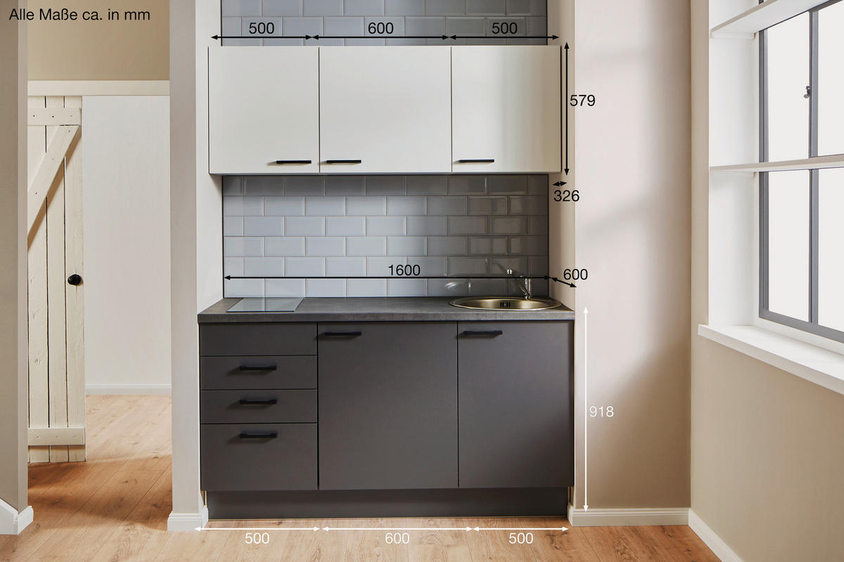 KÜCHENLEERBLOCK 160 cm   in Graphitfarben, Weiß  - Schwarz/Graphitfarben, Design, Holzwerkstoff/Metall (160cm) - Pino