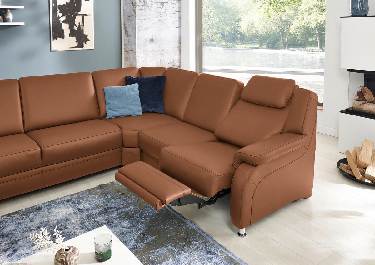 WOHNLANDSCHAFT Echtleder Cognac  - Cognac/Alufarben, Konventionell, Leder/Metall (165/329/239cm) - Beldomo Premium