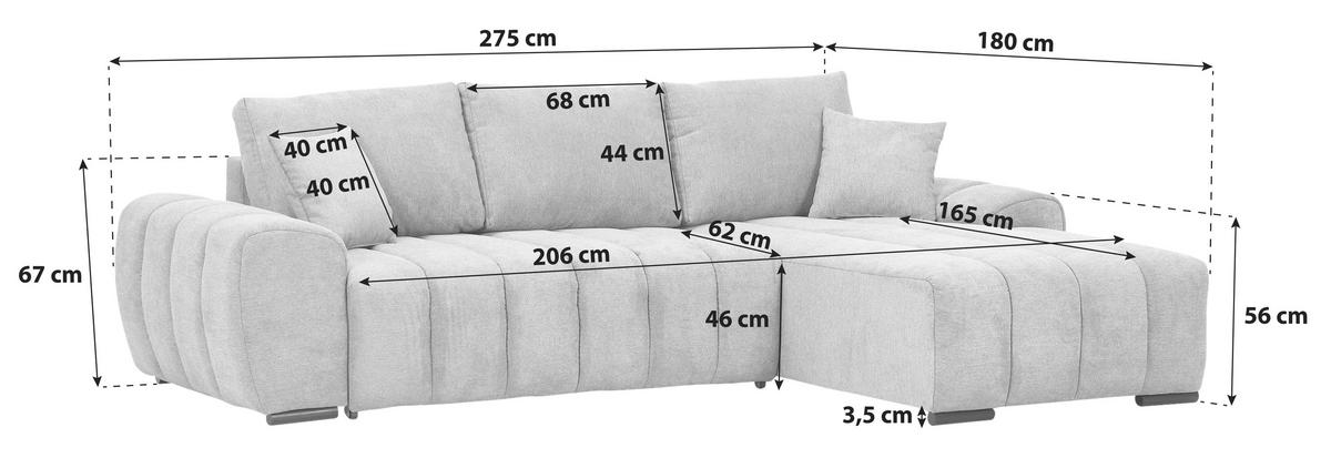 ECKSOFA Hellgrau Flachgewebe  - Hellgrau/Schwarz, KONVENTIONELL, Holz/Textil (275/180cm) - Carryhome