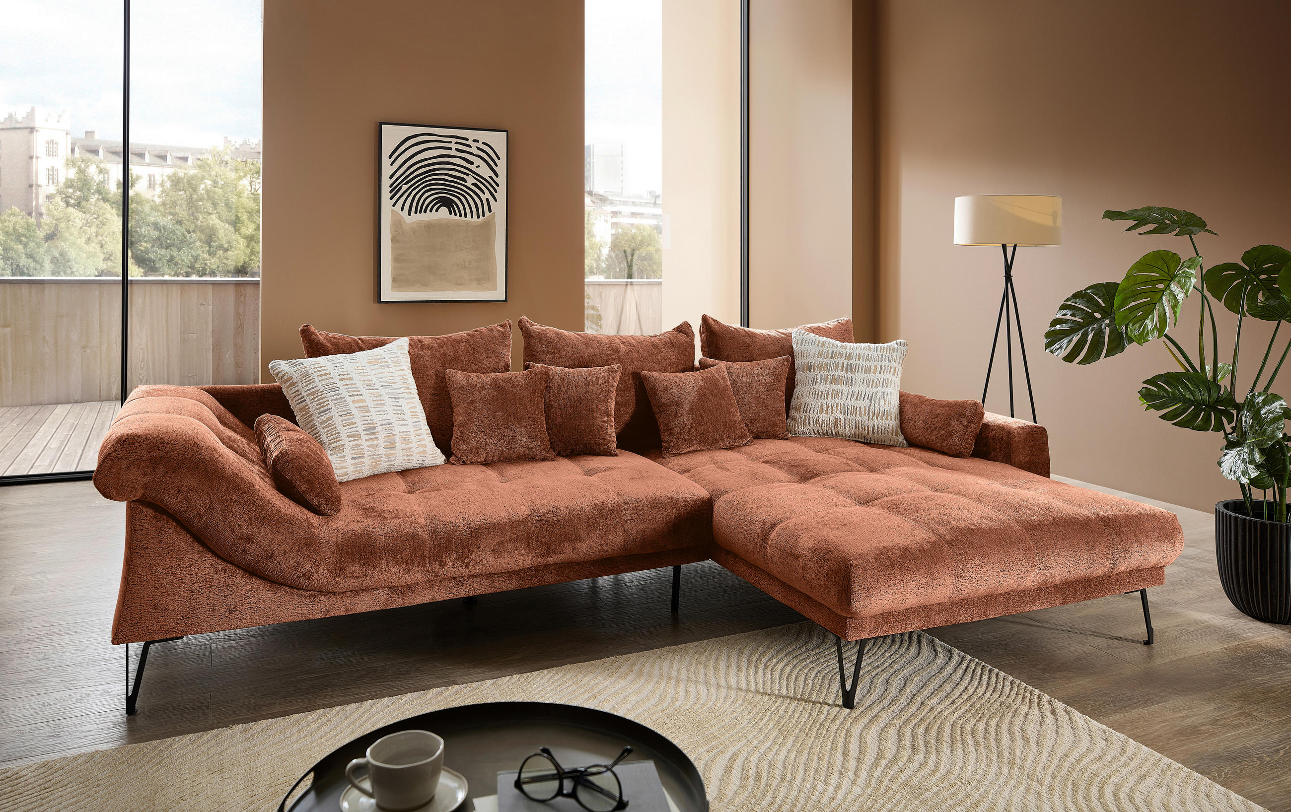 ECKSOFA GARDA Rostfarben Chenille Zierkissen, Rückenkissen, Nierenkissen, Rücken echt  - Rostfarben/Schwarz, KONVENTIONELL, Textil/Metall (310/192cm) - Livetastic
