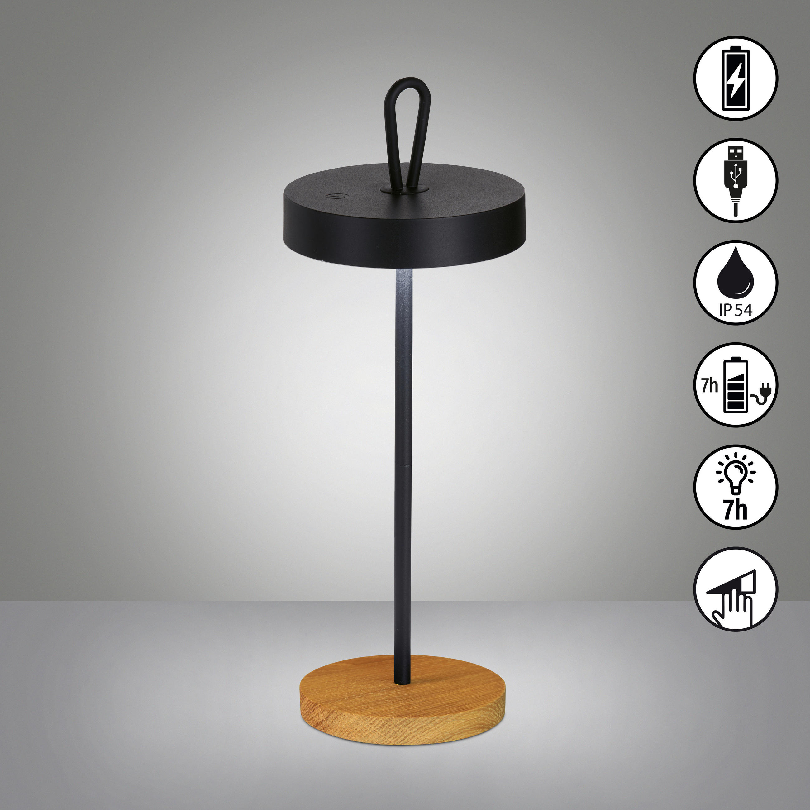 AKKU-TISCHLEUCHTE Shine-Wood 12,8/46,6 cm   - Schwarz, Design, Holz/Metall (12,8/46,6cm) - Fischer & Honsel