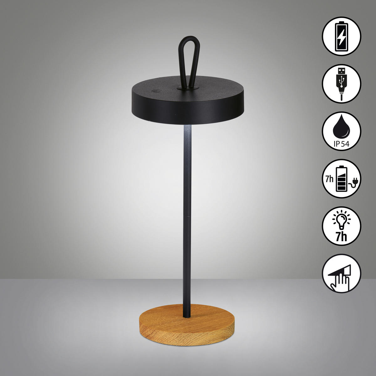 AKKU-TISCHLEUCHTE Shine-Wood 12,8/46,6 cm   - Schwarz, Design, Holz/Metall (12,8/46,6cm) - Fischer & Honsel