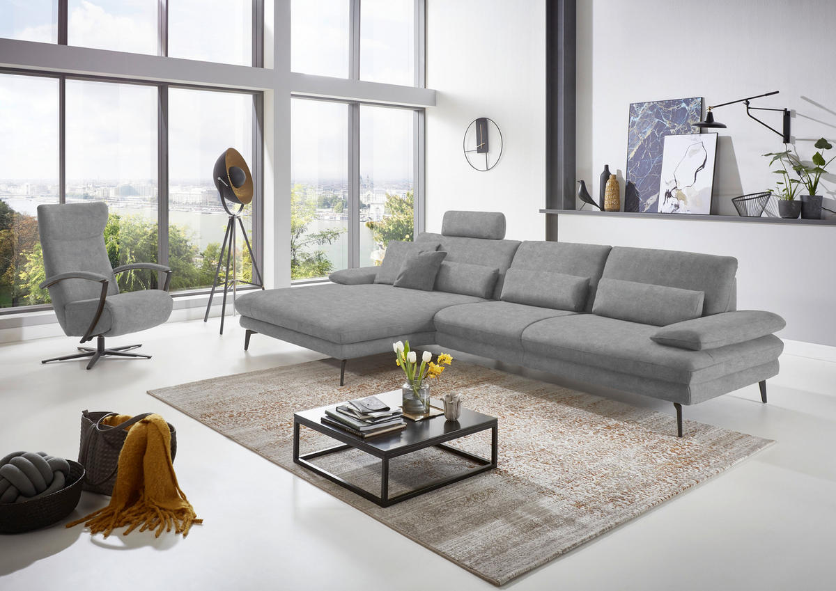 ECKSOFA in Velours Hellgrau  180/310 cm  - Hellgrau/Schwarz, Design, Textil/Metall (180/310cm) - Dieter Knoll