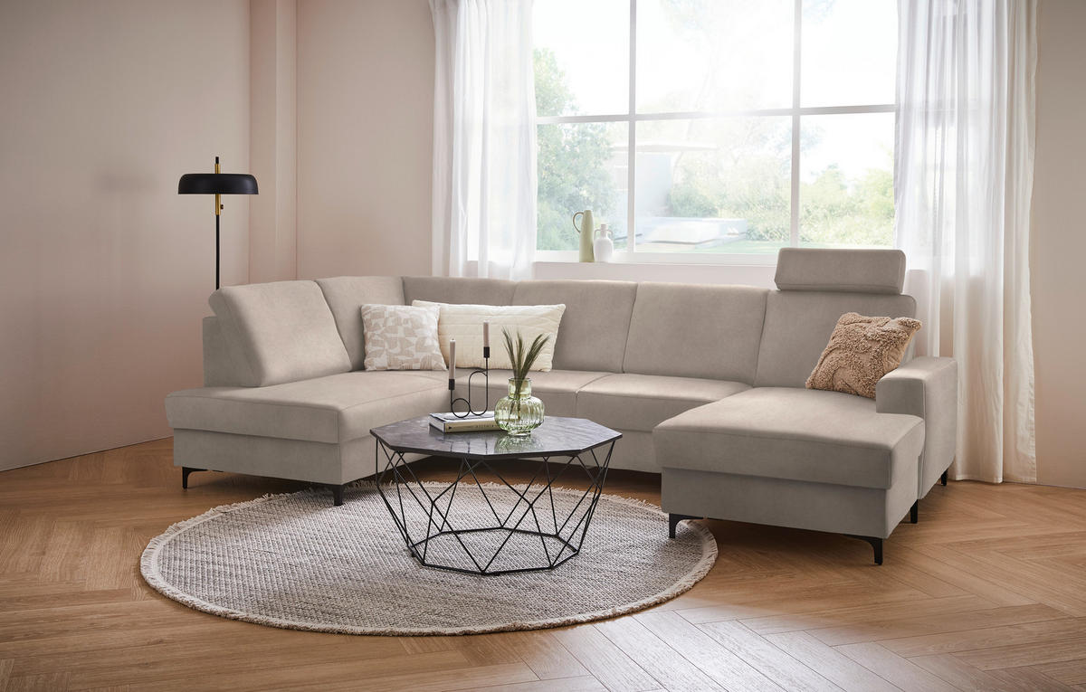 WOHNLANDSCHAFT in Flachgewebe Beige  - Beige/Schwarz, Konventionell, Textil/Metall (185/317/167cm) - Stylife