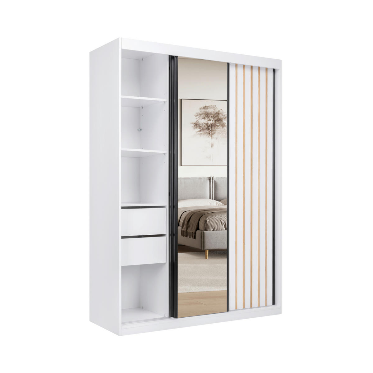 ORMAR S KLIZNIM VRATIMA bijela   - bijela/crna, Moderno, drvni materijal/metal (150/215/59,5cm) - P & B