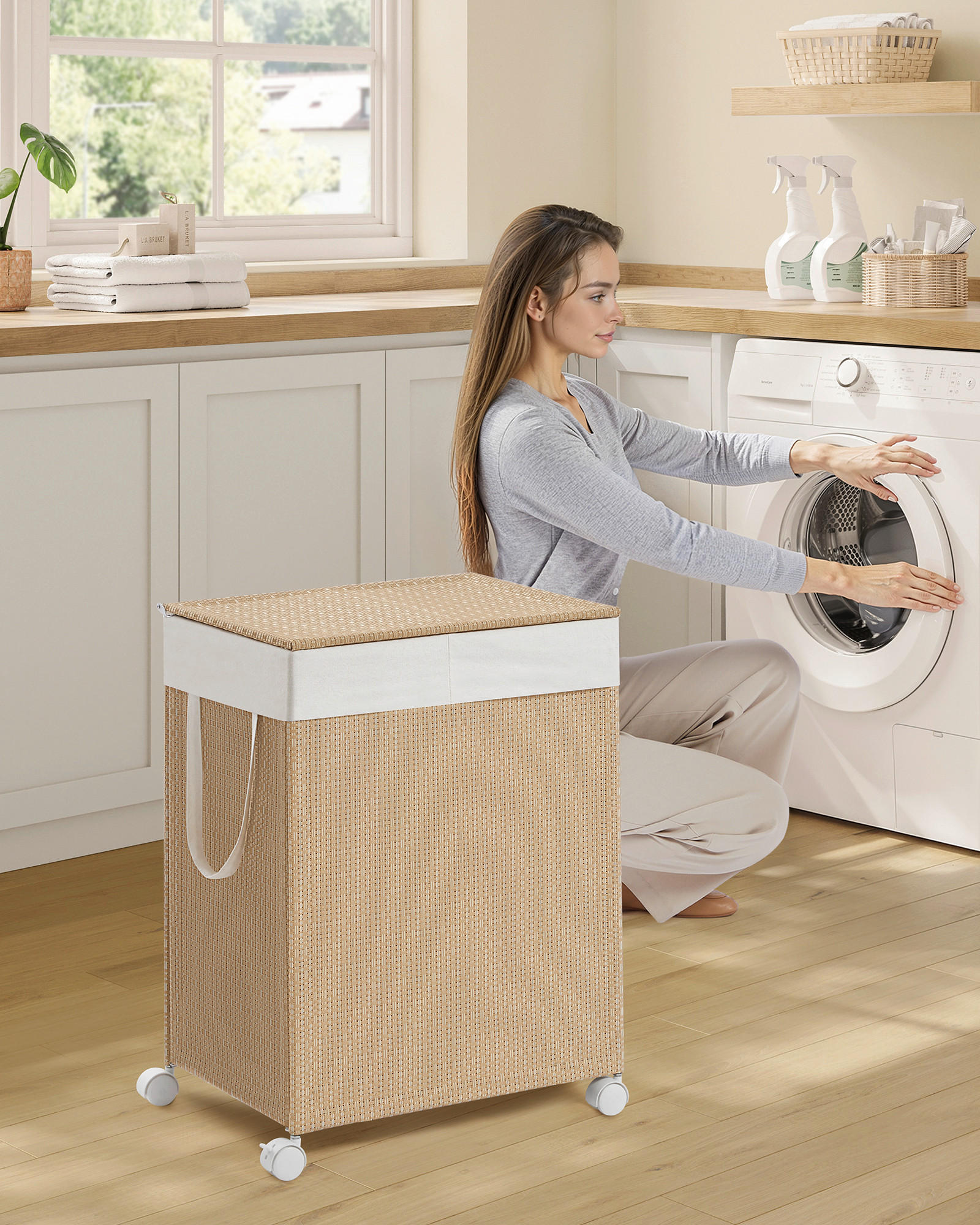 WÄSCHEKORB - Beige/Weiß, Trend, Textil/Metall (46,5/65/37,5cm) - Boxxx