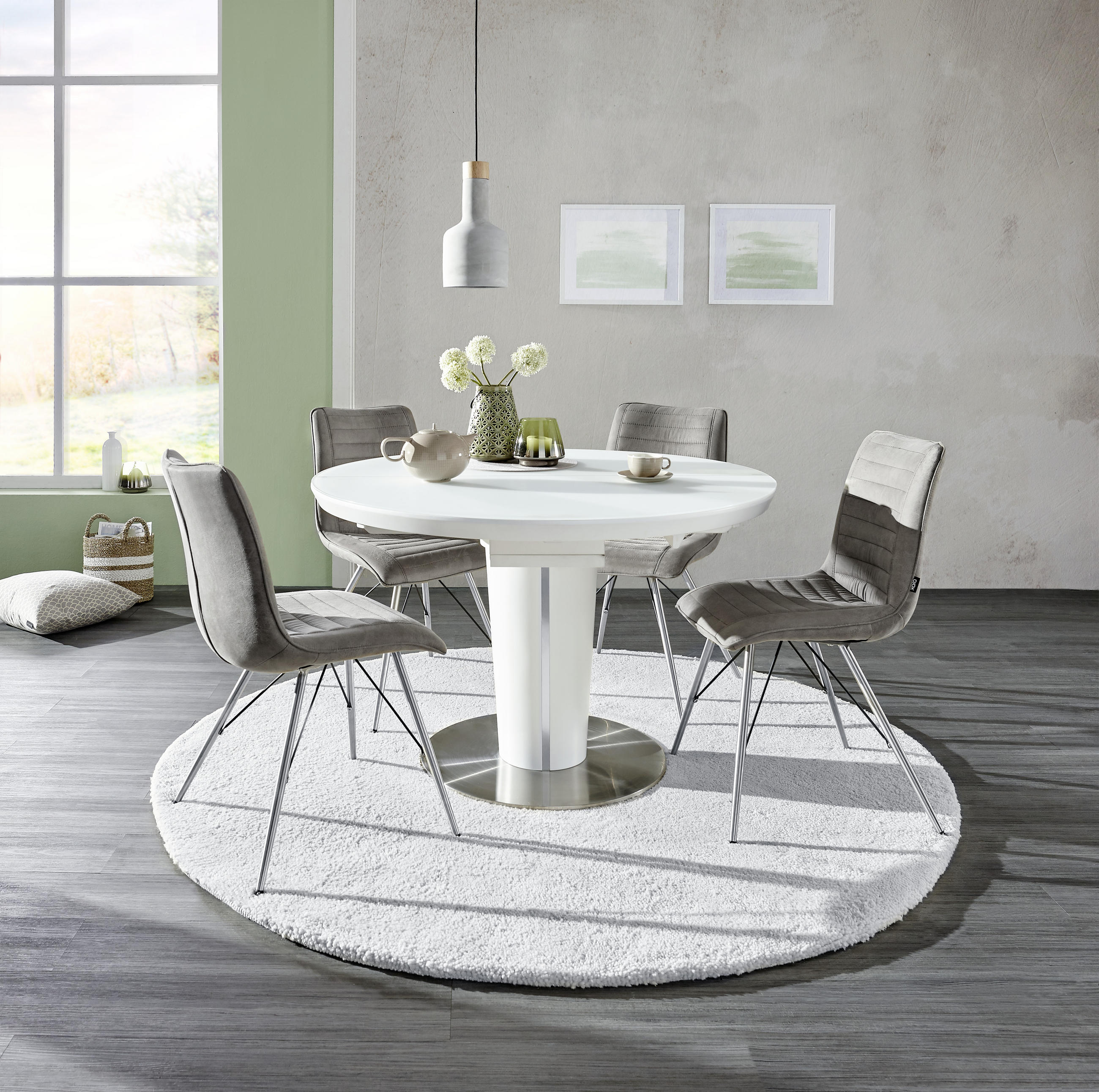 MASĂ din metal, sticlă, material pe bază de lemn 120-160/120/76 cm   - alb/culoare inox, Design, sticlă/metal (120-160/120/76cm) - Novel