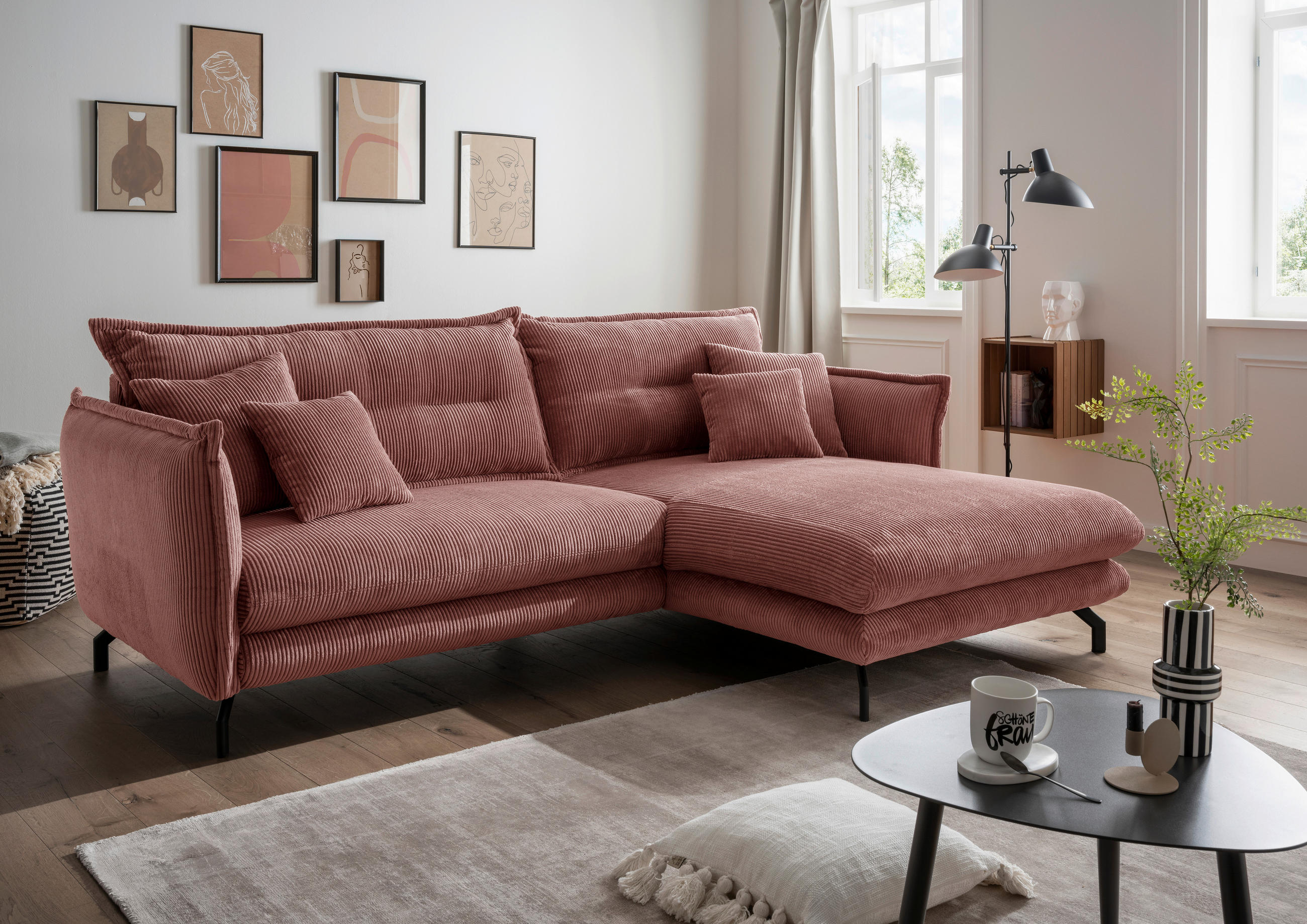 ECKSOFA in Cord Koralle  - Koralle/Schwarz, Modern, Textil/Metall (255/180cm) - Livetastic