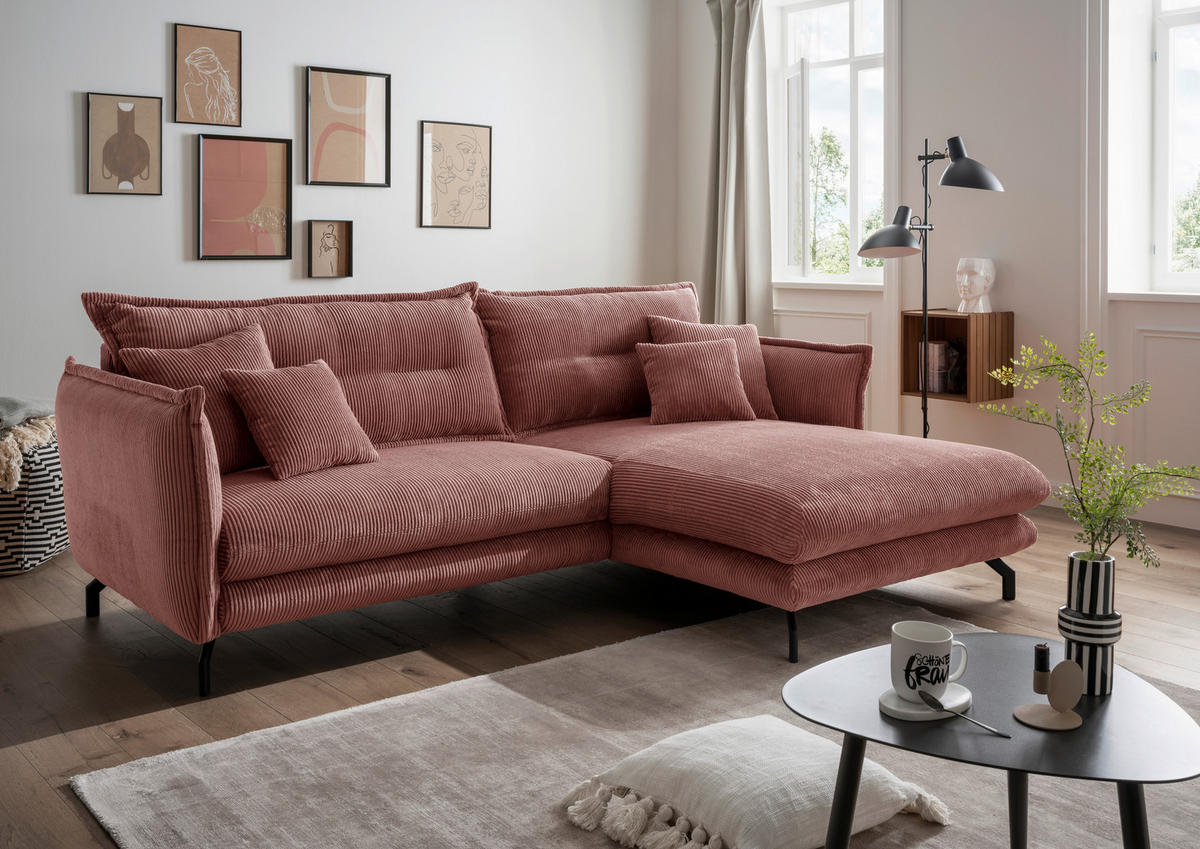 ECKSOFA in Cord Koralle  - Koralle/Schwarz, Modern, Textil/Metall (255/180cm) - Livetastic