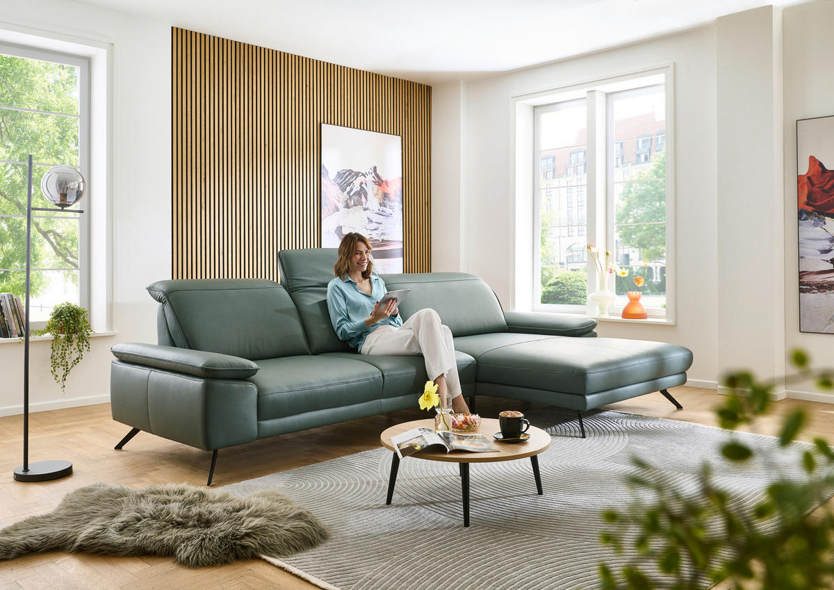 ECKSOFA Opal Echtleder  - Opal/Schwarz, Design, Leder/Metall (332/193cm) - Dieter Knoll