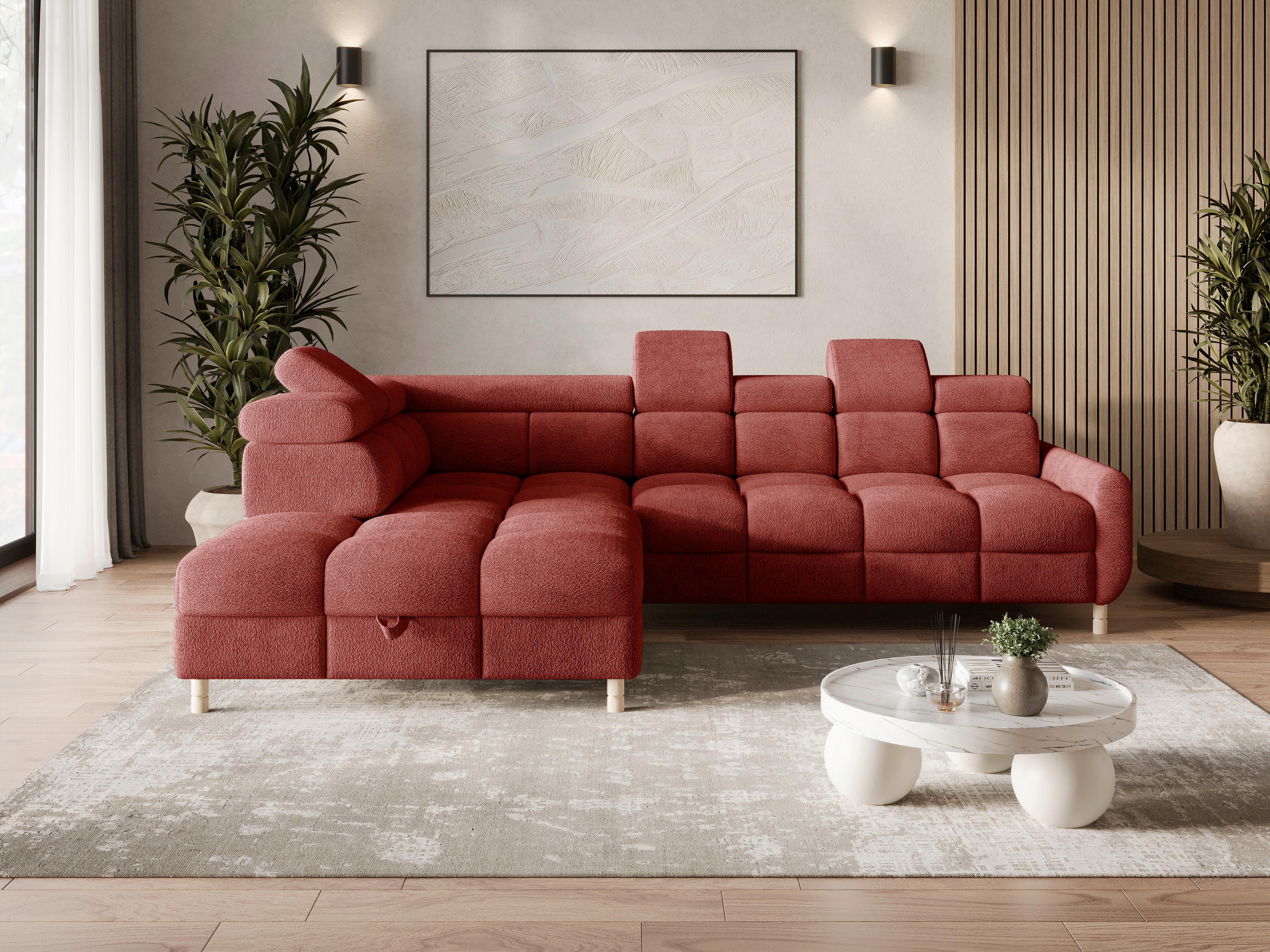ECKSOFA BUN Rot Bouclé Schlaffunktion, Rücken echt, Kopfteilverstellung, Stauraum, Kopfstütze  - Elfenbein/Rot, Design, Holz/Textil (209/276cm) - MID.YOU