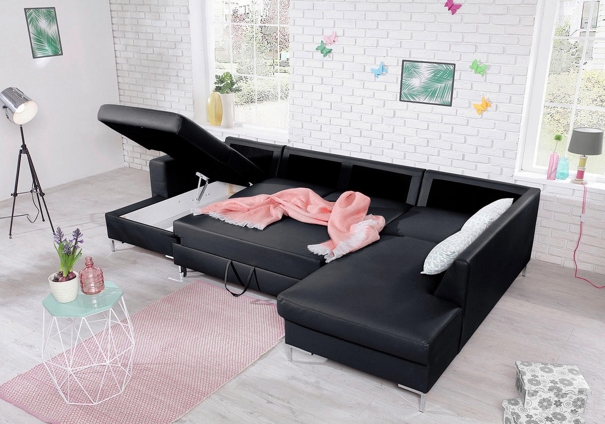 WOHNLANDSCHAFT in Lederlook Schwarz  - Silberfarben/Schwarz, Design, Leder/Metall (148/303/197cm) - MID.YOU