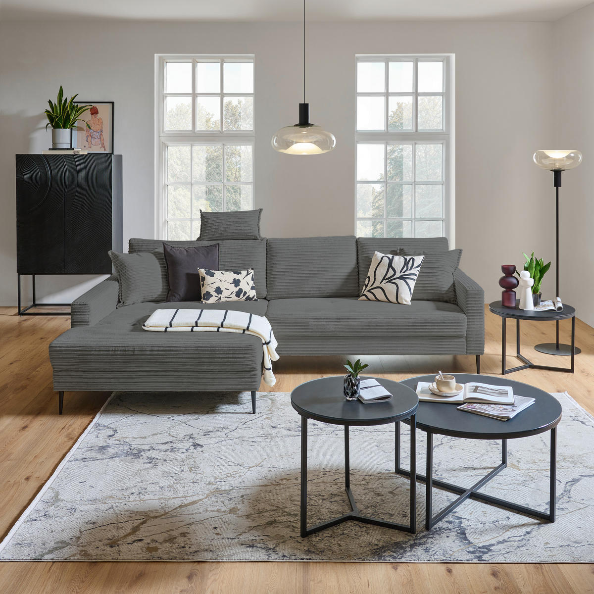 ECKSOFA Grau Cord  - Schwarz/Grau, KONVENTIONELL, Textil/Metall (173/276cm) - Carryhome