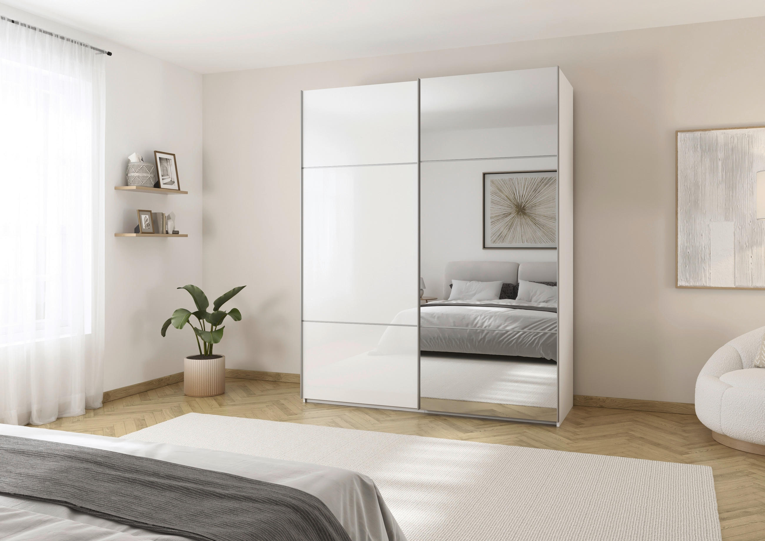 SCHWEBETÜRENSCHRANK 201/223/68 cm 2-türig Weiß - Alufarben/Weiß, KONVENTIONELL, Glas/Holzwerkstoff (201/223/68cm) - Novel