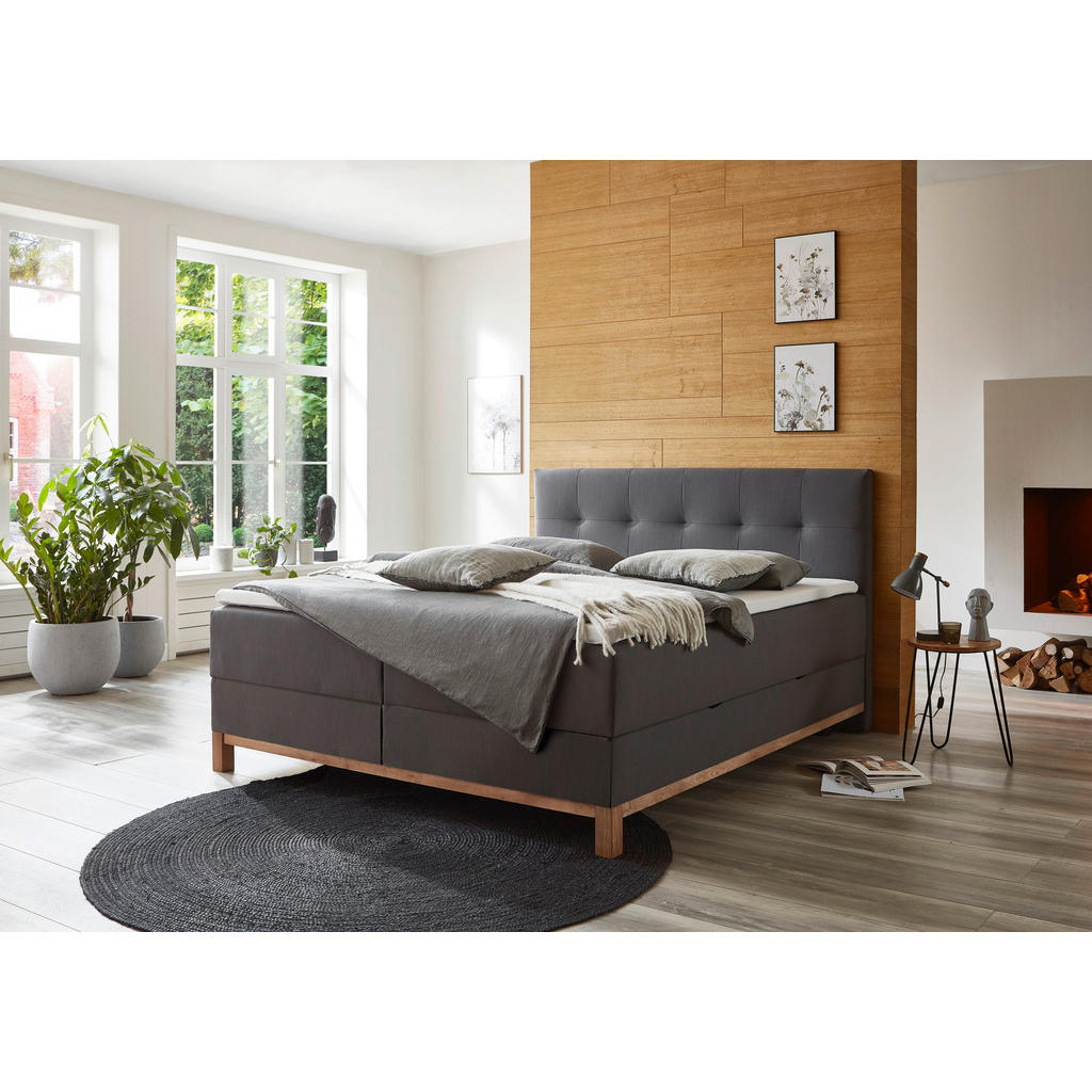 Thumbnail - Livetastic Boxbett meise.möbel Catania, Anthrazit, Textil, Esche, vollmassiv, H3, Höhe ca. 15 cm, 180x200 cm, Goldenes M...