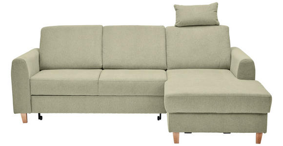 ECKSOFA Hellgrün Flachgewebe Bettkasten, Schlaffunktion, Rücken echt, Kopfstütze, Liegefläche im Originalstoff  - Buchefarben/Hellgrün, KONVENTIONELL, Holz/Textil (241/166cm) - Carryhome
