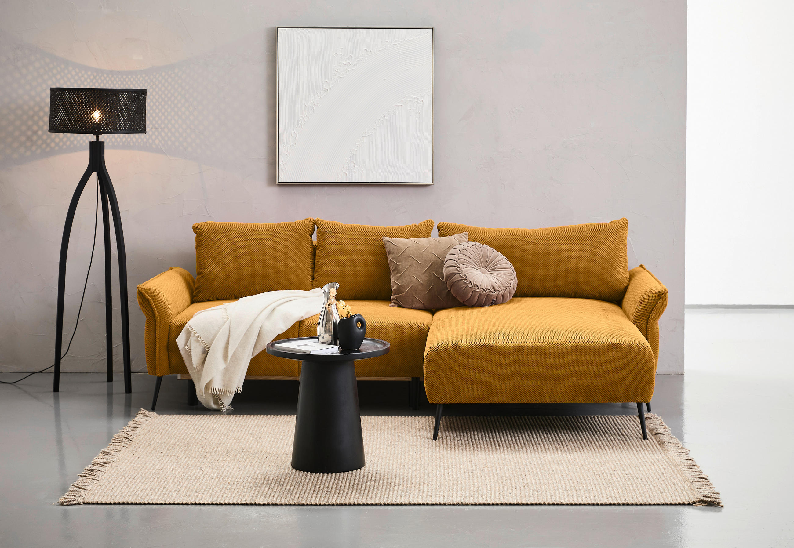 ECKSOFA in Chenille Currygelb  - Currygelb/Schwarz, Konventionell, Textil/Metall (255/164cm) - Carryhome