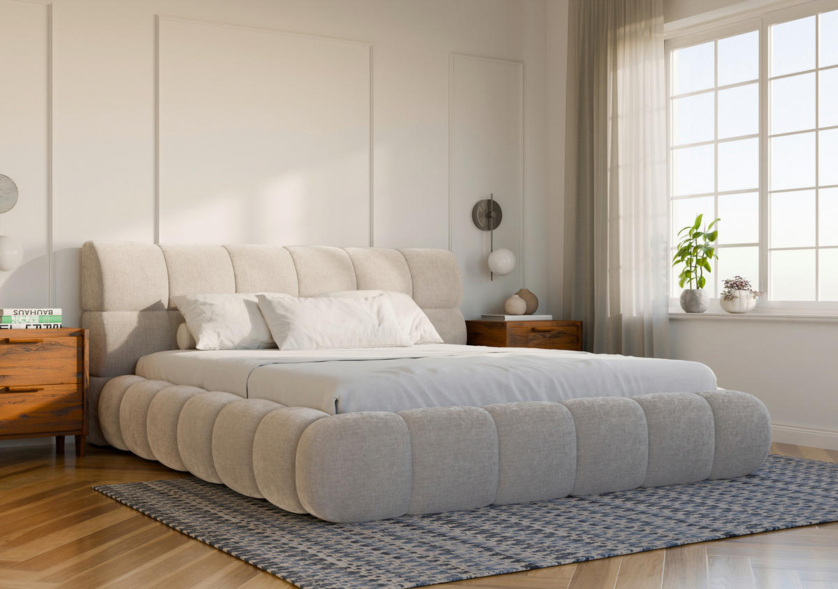 POLSTERBETT 180/200 cm,  in Beige, Lattenrost, Bettkasten,  - Beige/Schwarz, Design, Holz/Textil (180/200cm) - Chameo