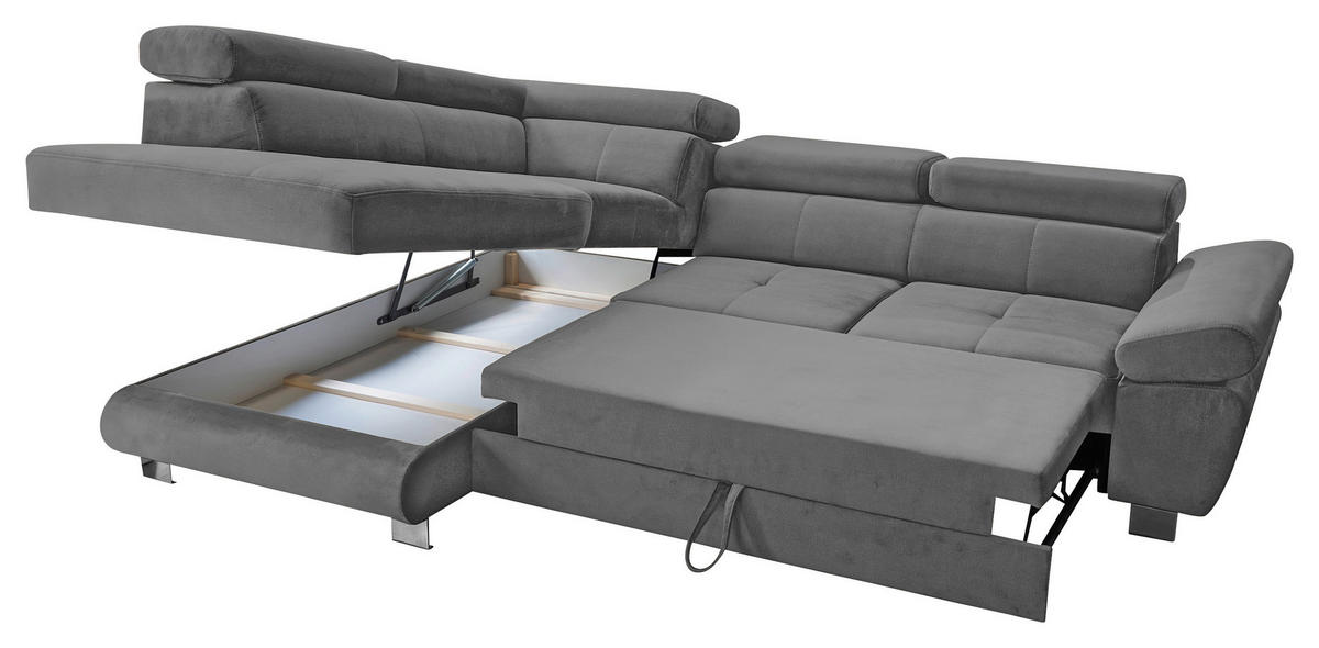 ECKSOFA Grau Webstoff Bettkasten, Schlaffunktion, Rücken echt, Armteilverstellung, Kopfteilverstellung  - Chromfarben/Grau, MODERN, Textil/Metall (205/278cm) - Stylife