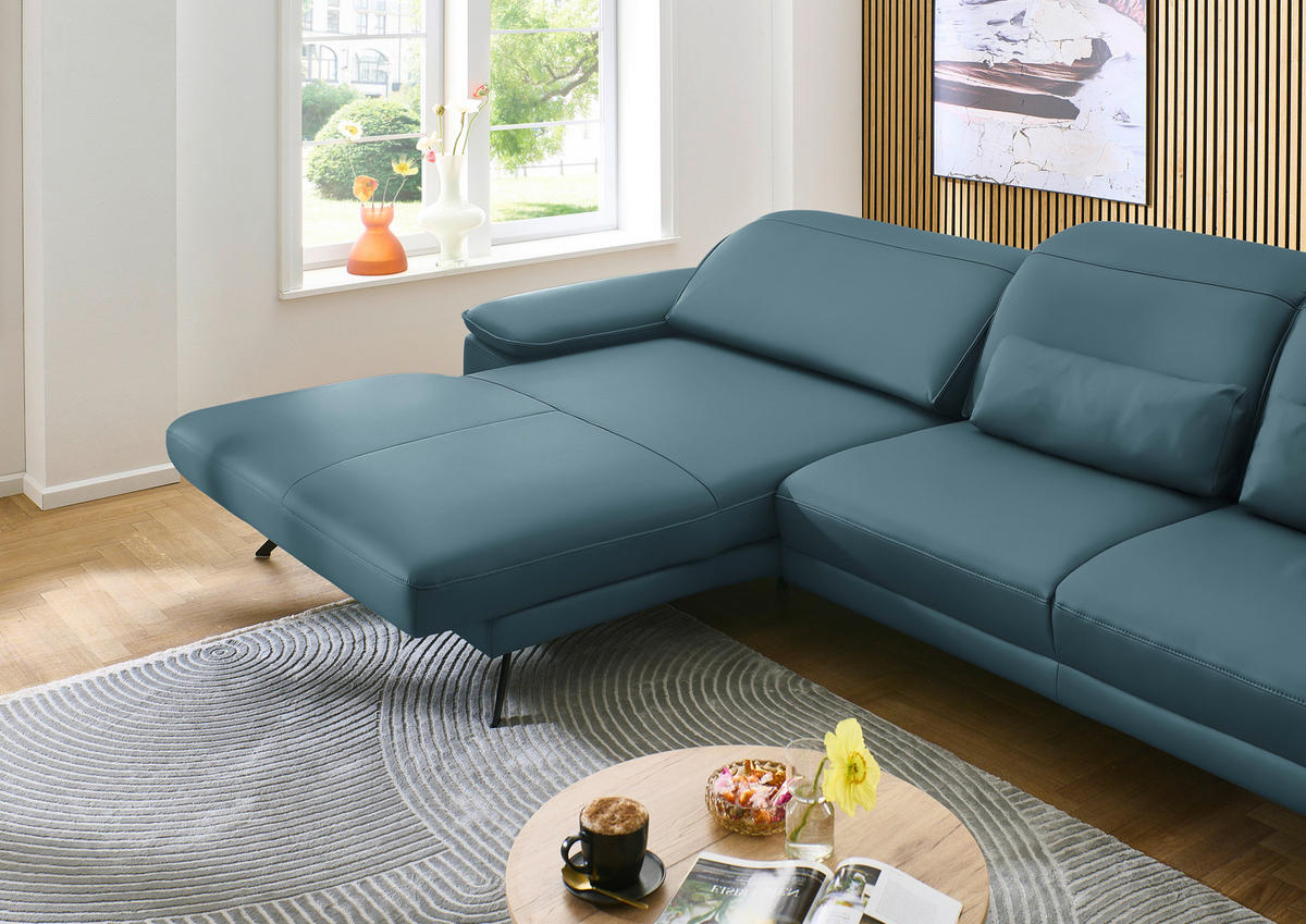 ECKSOFA in Echtleder Blau  - Blau/Schwarz, Design, Leder/Metall (193/332cm) - Dieter Knoll